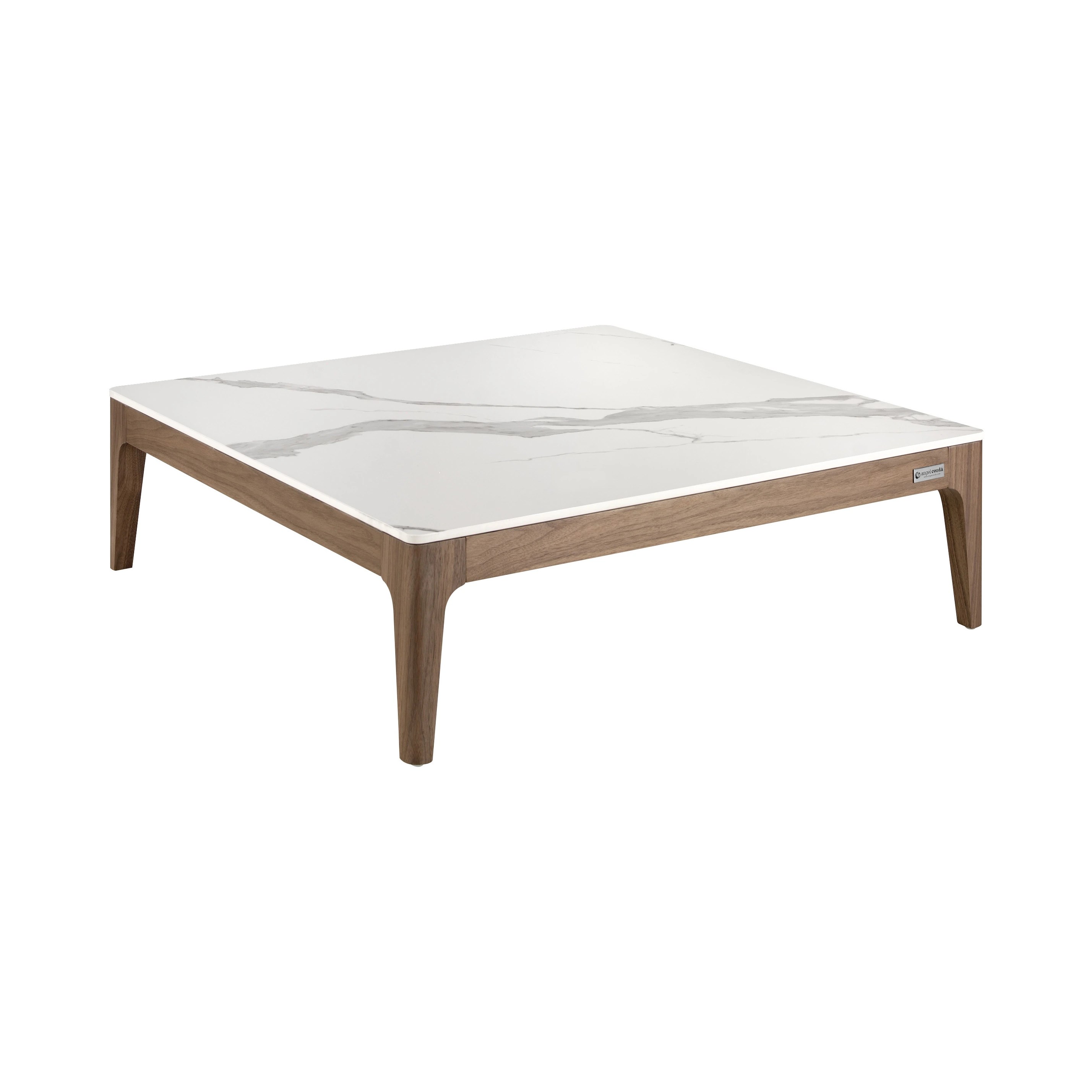 Table basse carrée en porcelaine, marbre et noyer