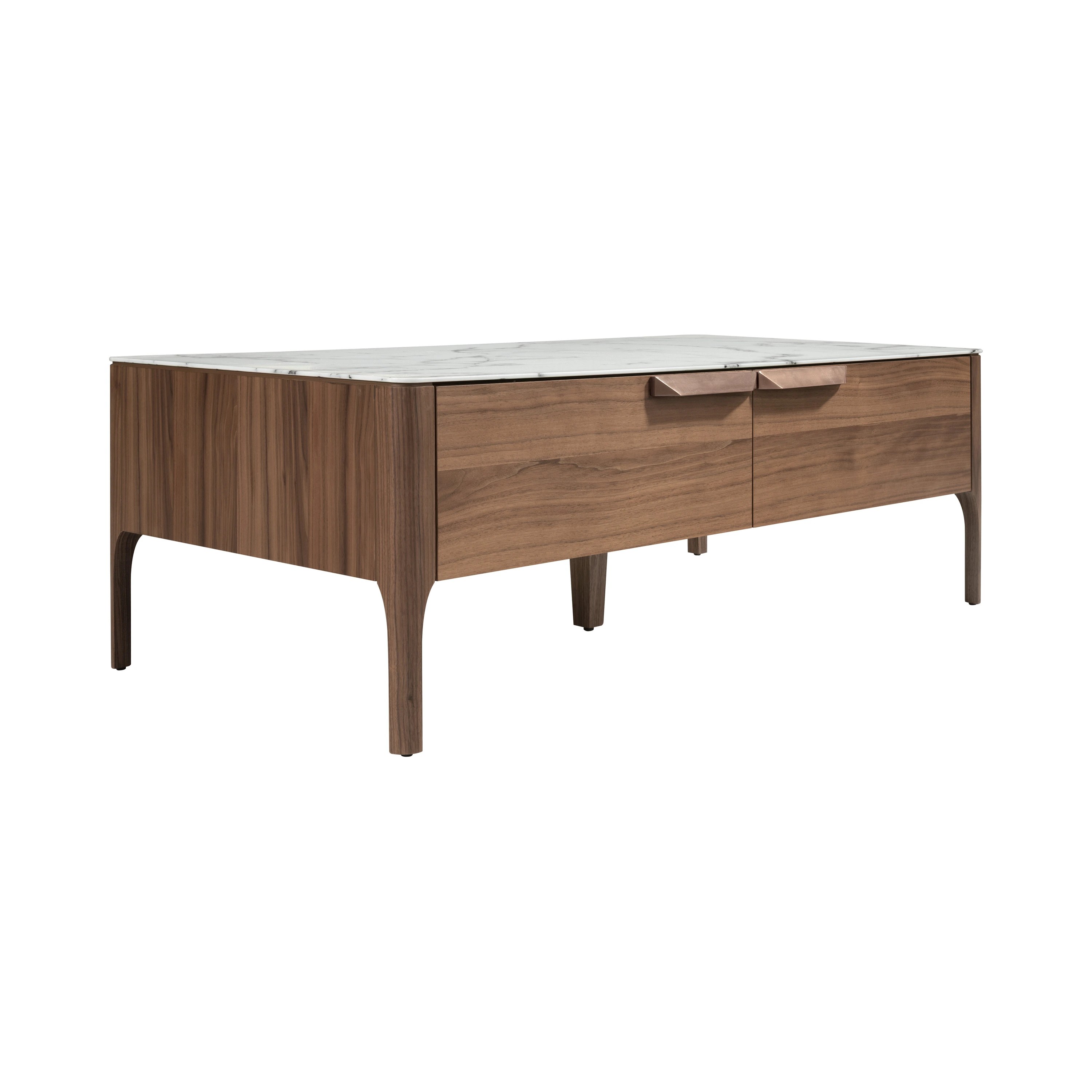Table basse rectangulaire en verre imitant le marbre et le noyer