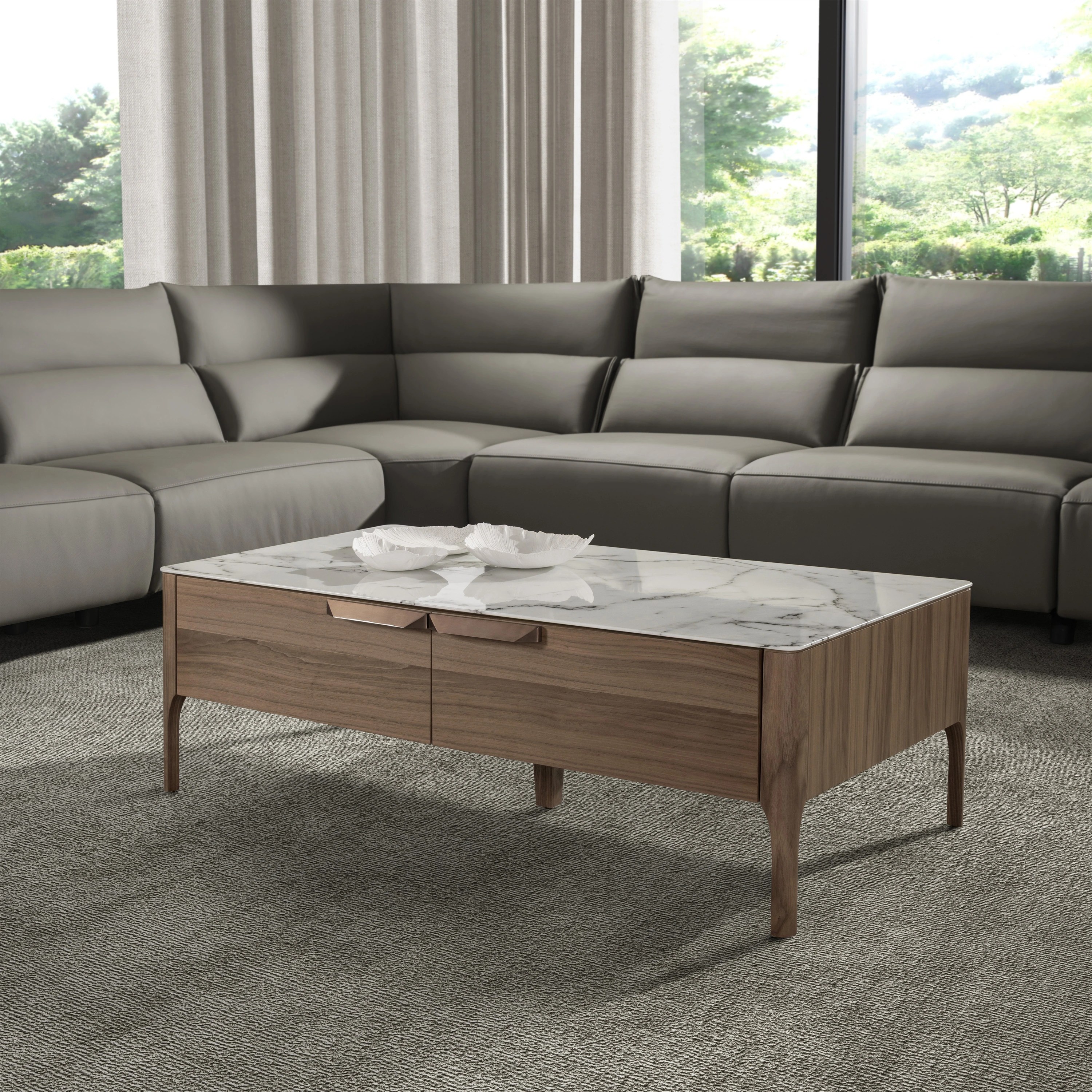 Table basse rectangulaire en verre imitant le marbre et le noyer