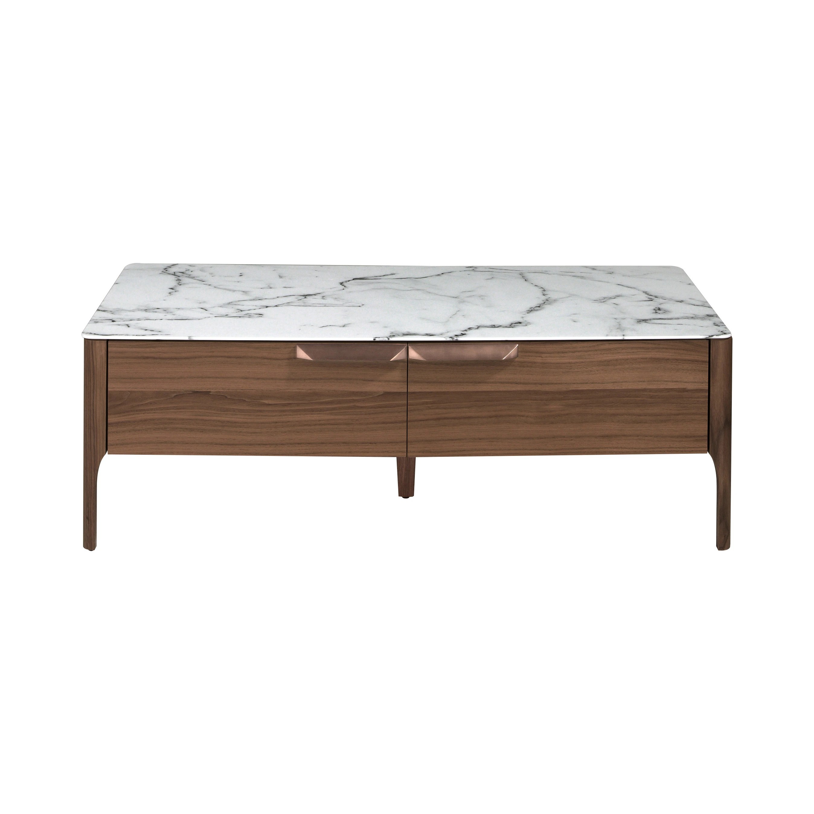 Table basse rectangulaire en verre imitant le marbre et le noyer