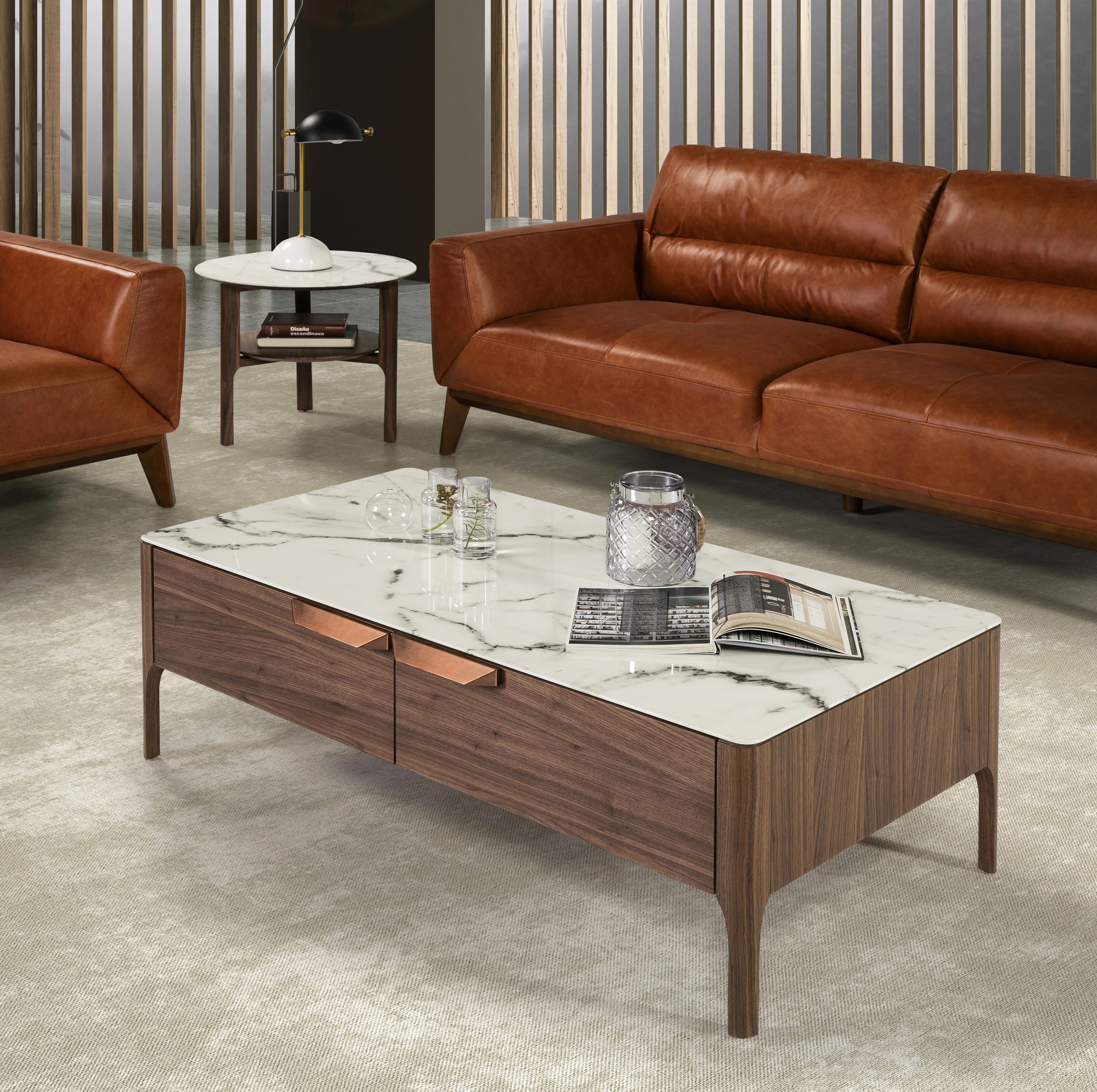 Table basse rectangulaire en verre imitant le marbre et le noyer