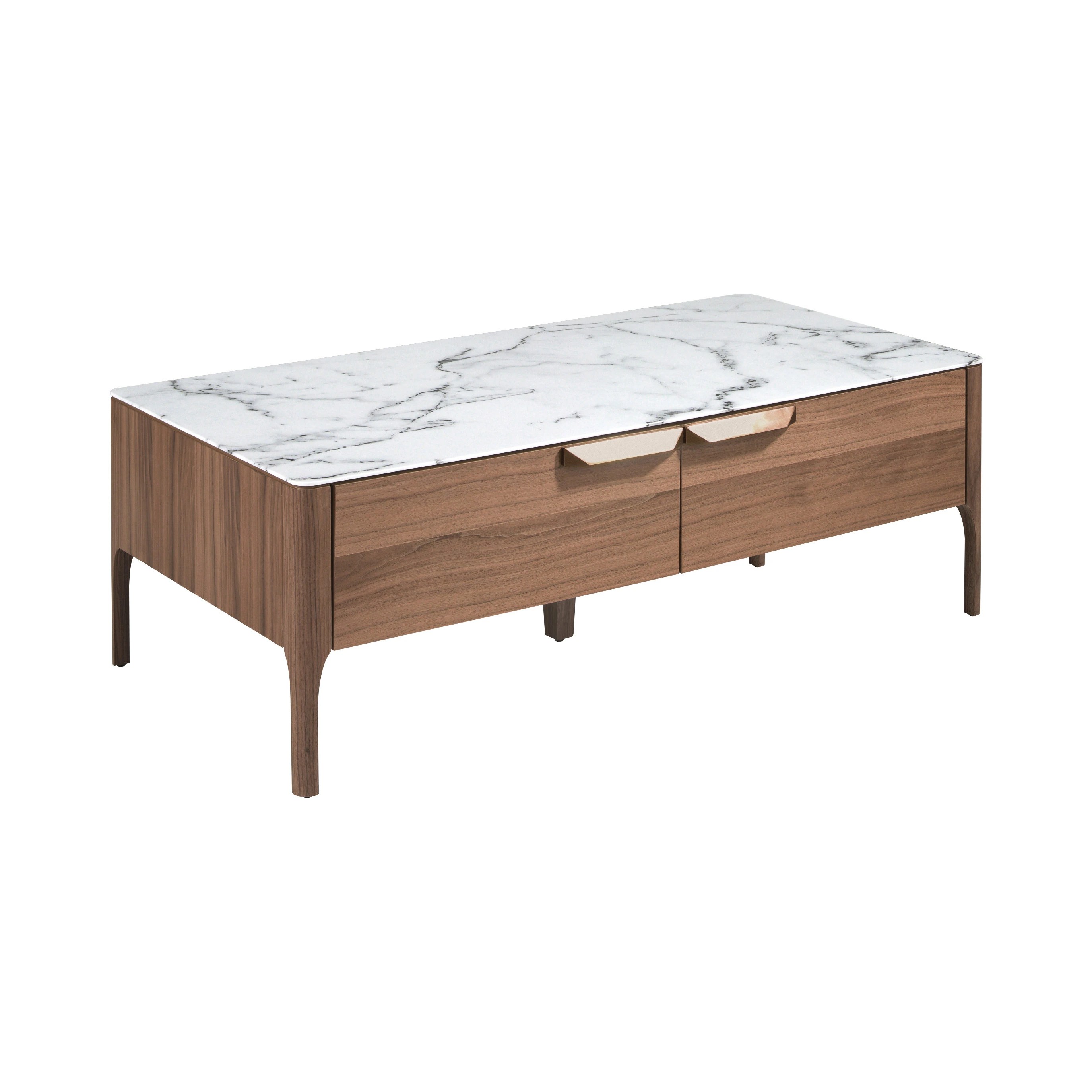 Table basse rectangulaire en verre imitant le marbre et le noyer