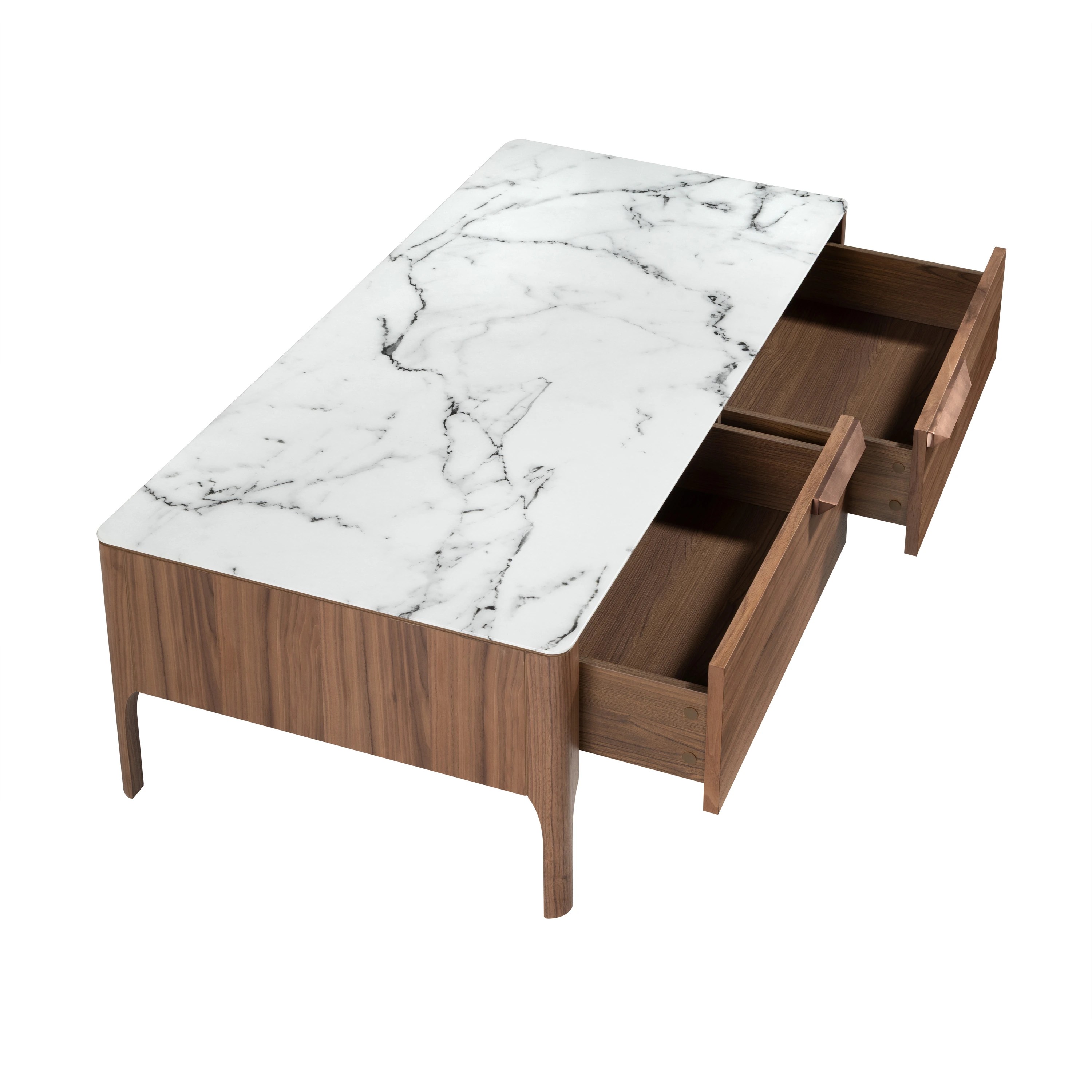 Table basse rectangulaire en verre imitant le marbre et le noyer