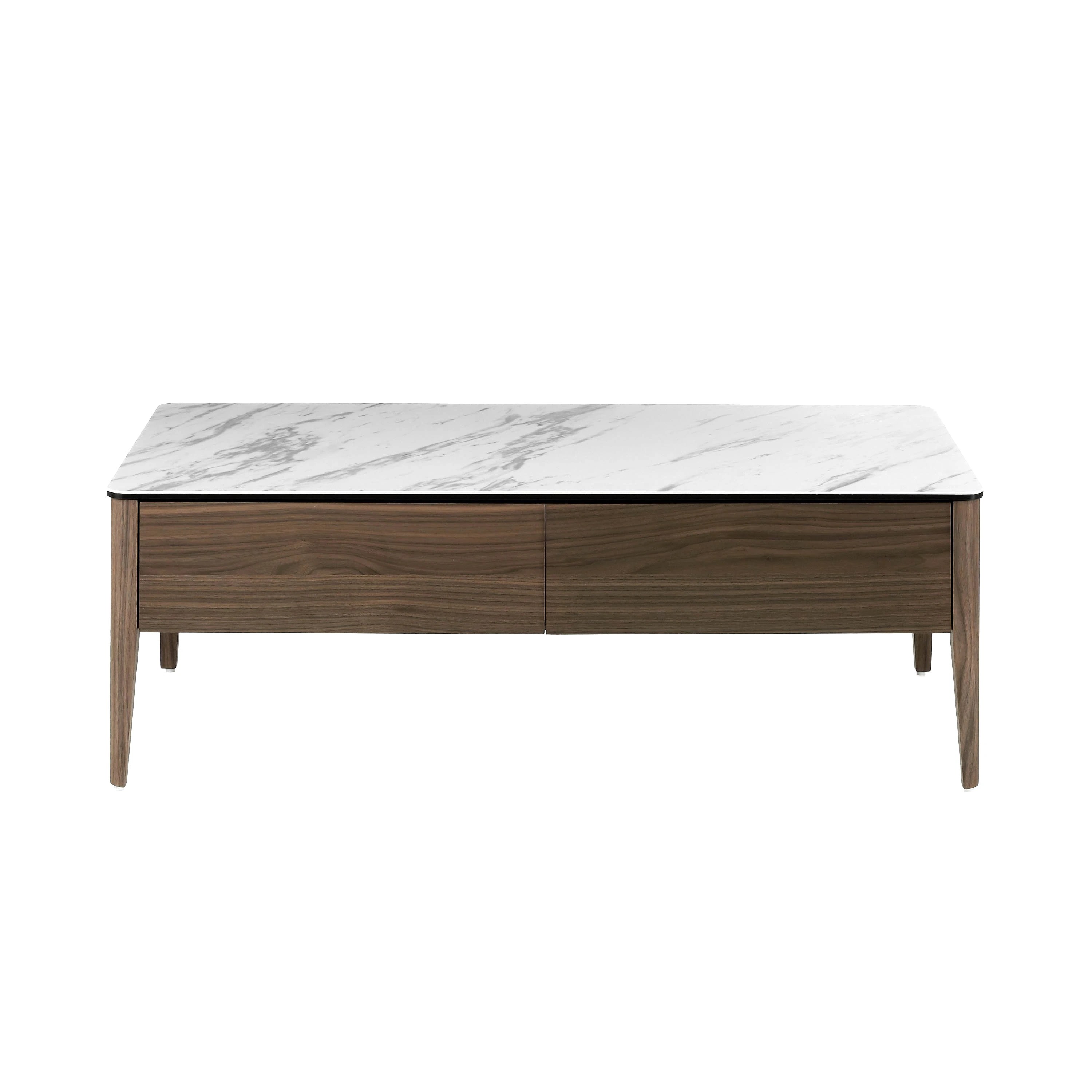 Table basse rectangulaire en porcelaine, marbre et noyer