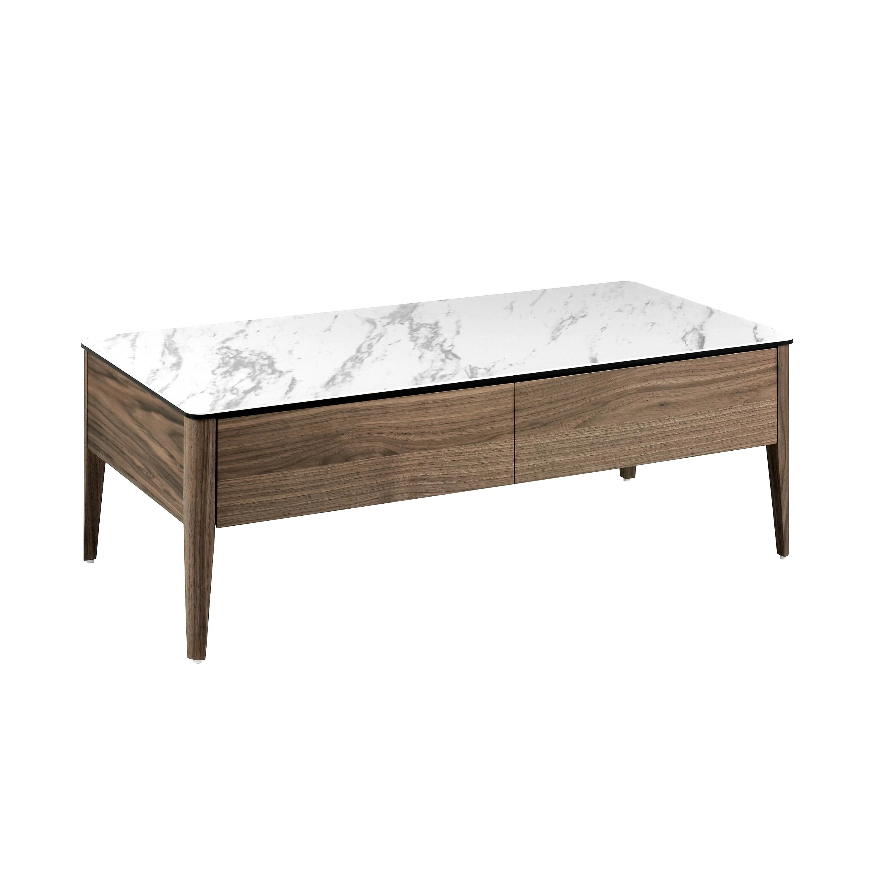 Table basse rectangulaire en porcelaine, marbre et noyer