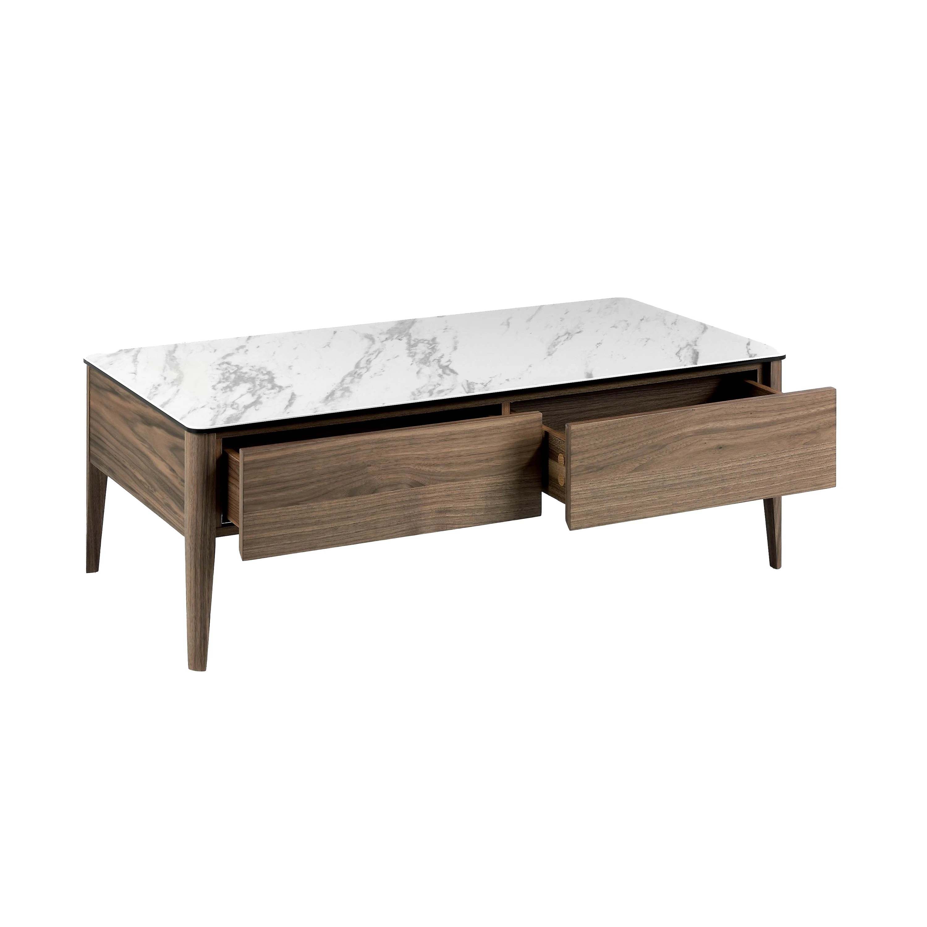 Table basse rectangulaire en porcelaine, marbre et noyer