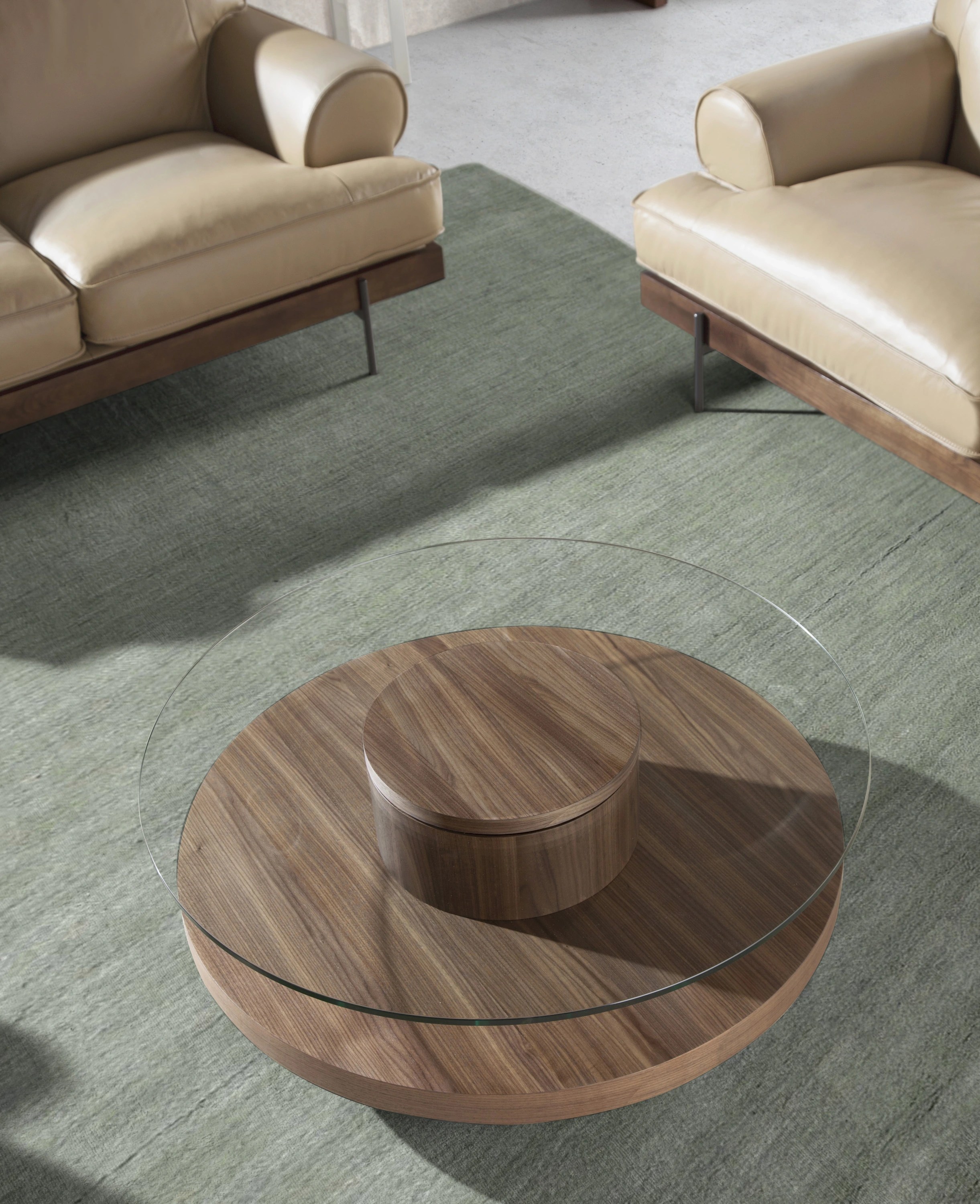 Table basse ronde en verre trempé et noyer