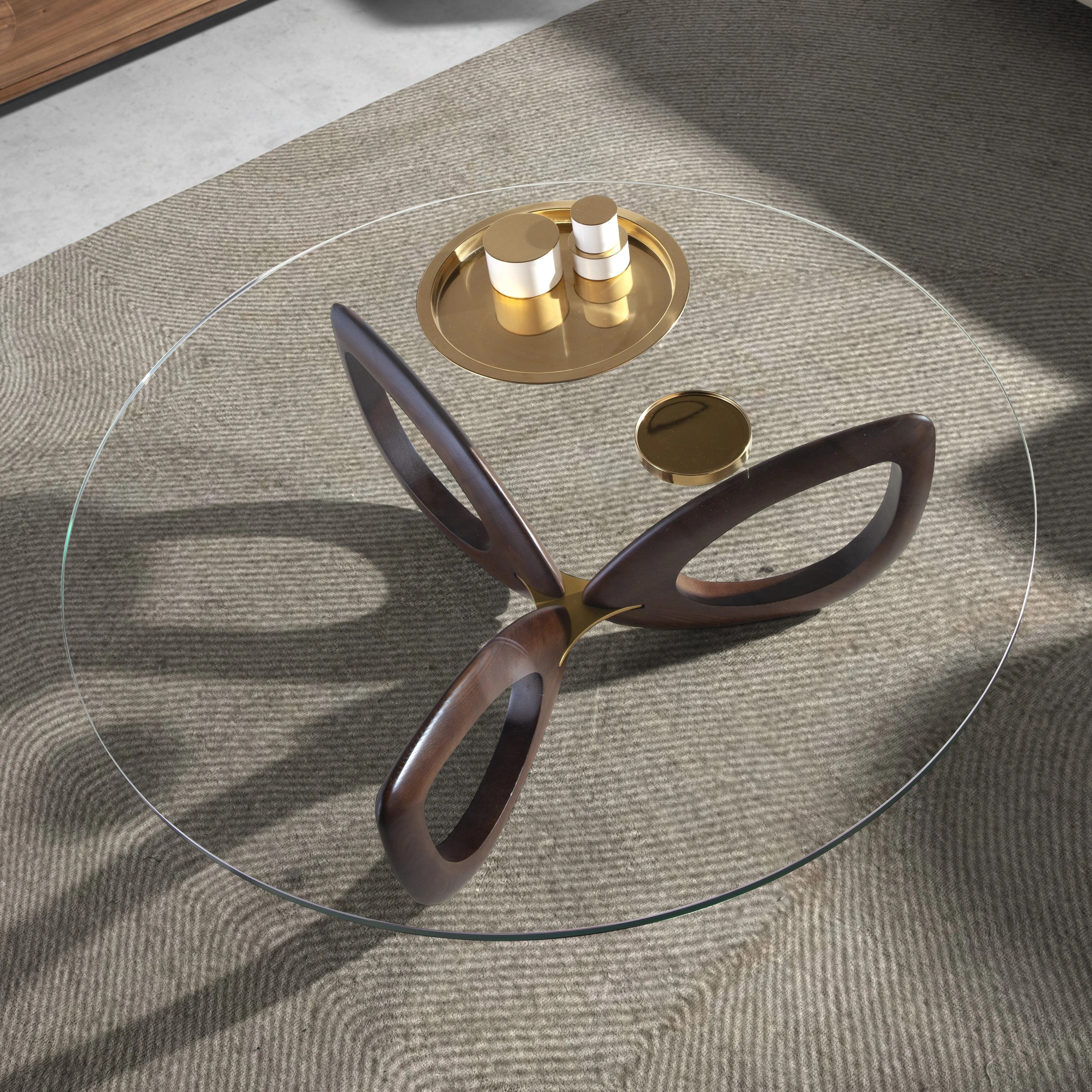 Table basse ronde en verre trempé et noyer