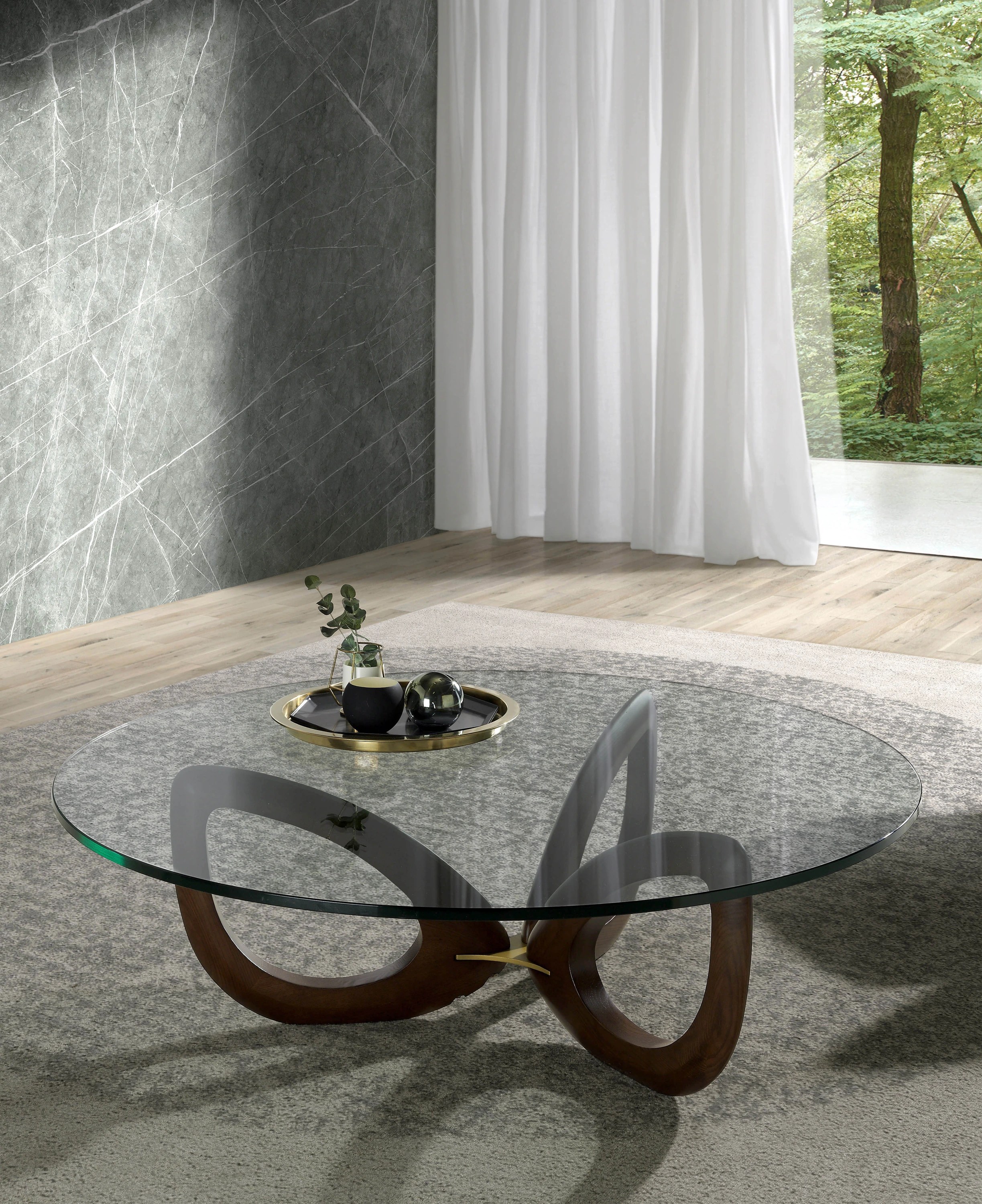 Table basse ronde en verre trempé et noyer