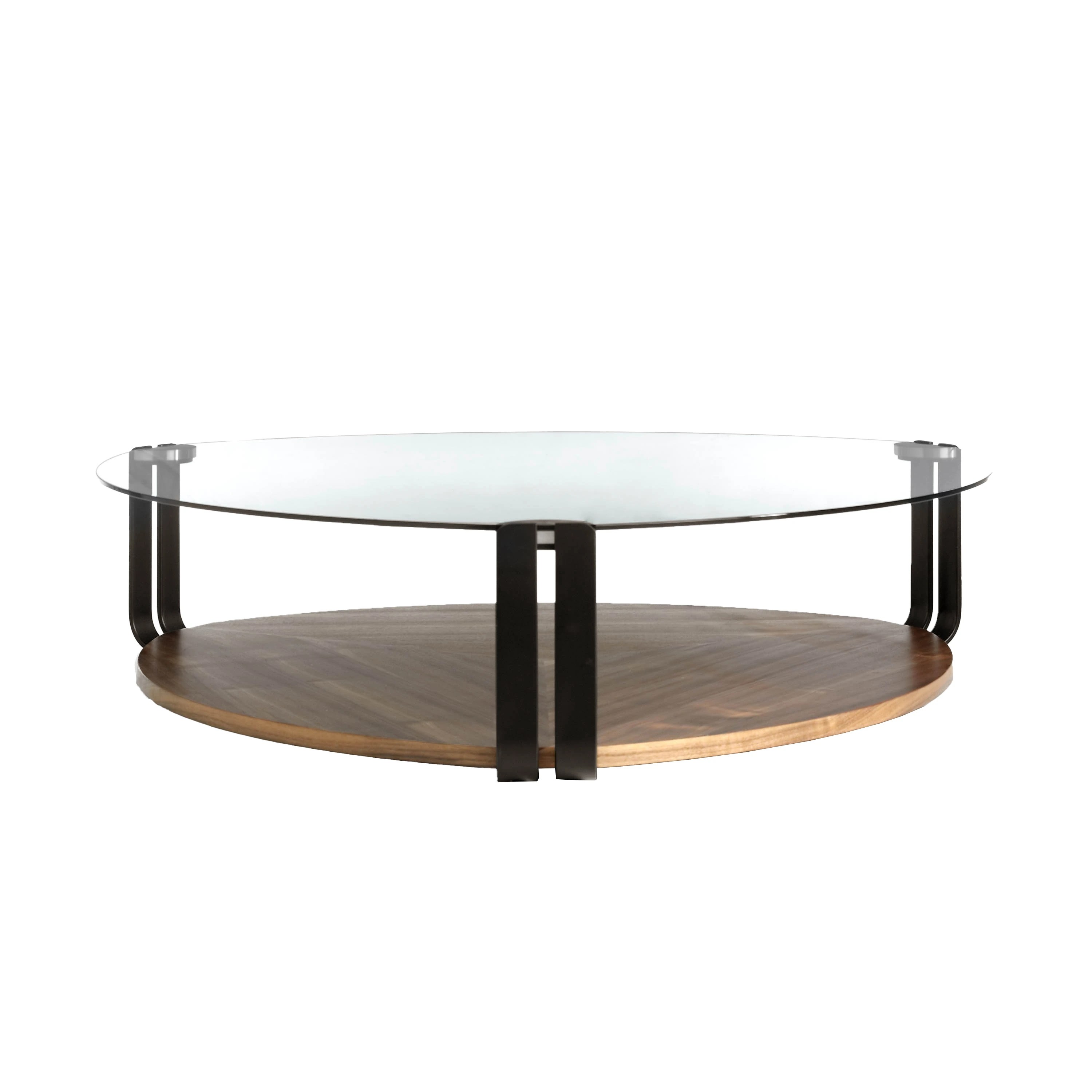 Table basse triangulaire en verre trempé, acier noir et noyer