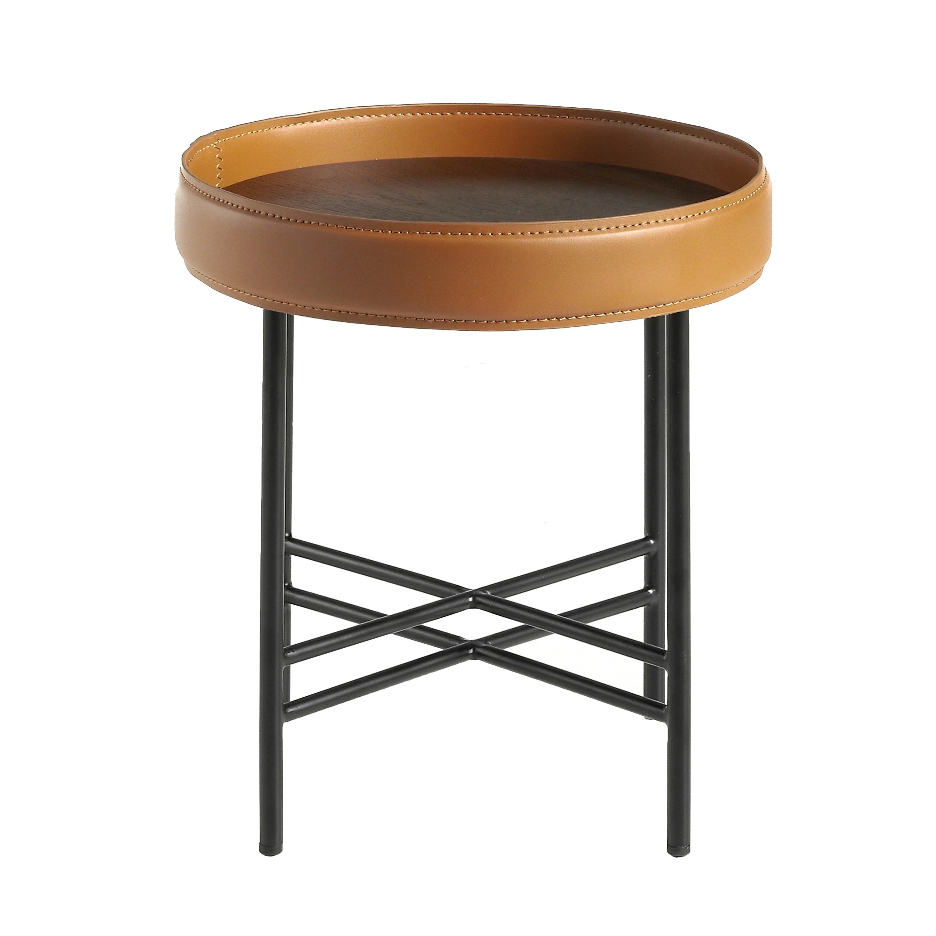 Table d'angle ronde en simili cuir, noyer et acier noir