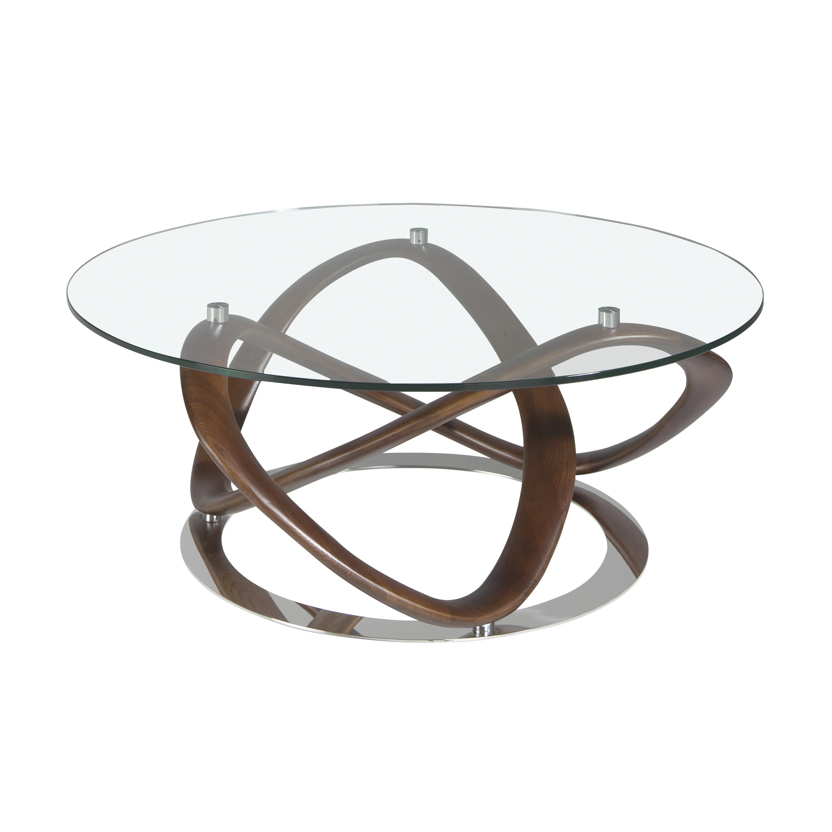Table basse ronde en verre trempé, noyer et acier chromé
