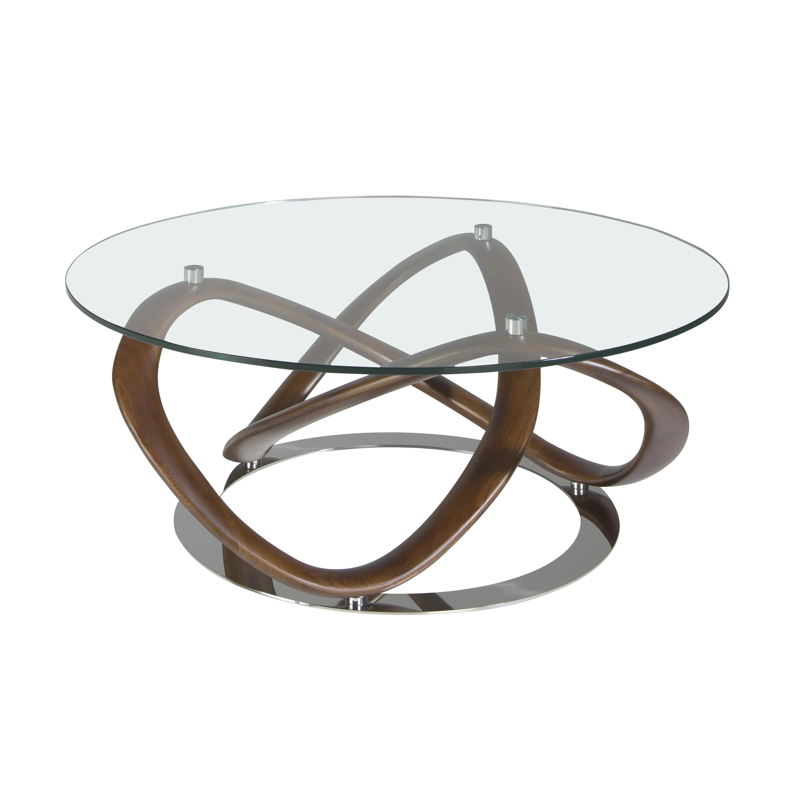Table basse ronde en verre trempé, noyer et acier chromé