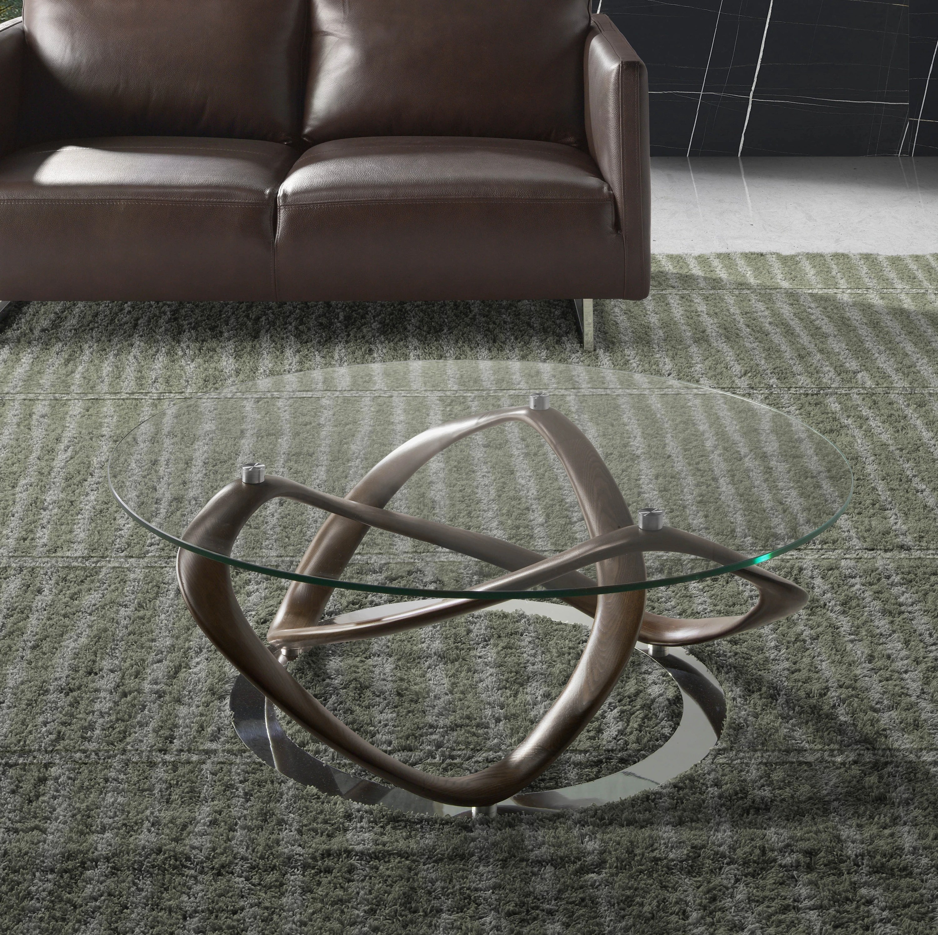 Table basse ronde en verre trempé, noyer et acier chromé