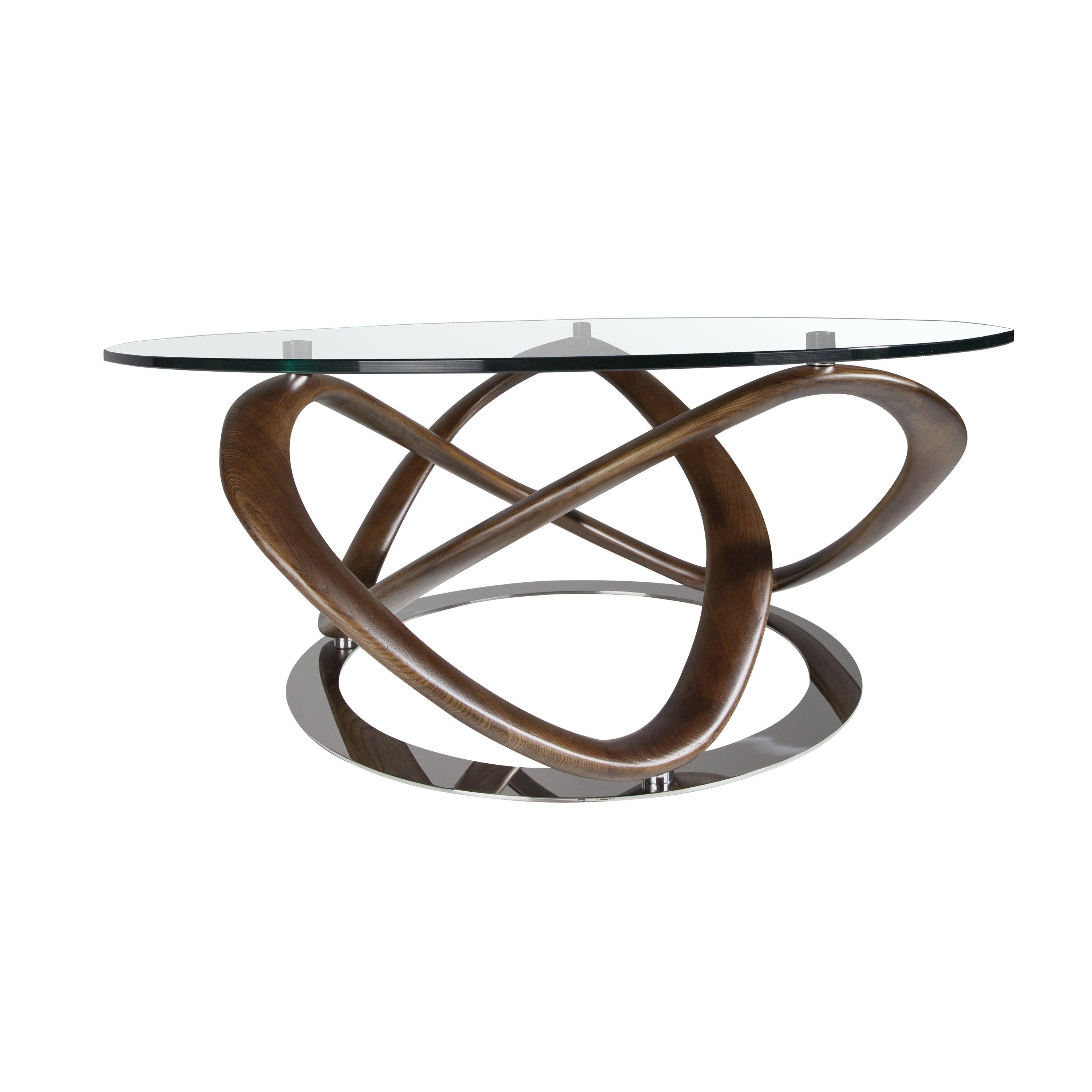 Table basse ronde en verre trempé, noyer et acier chromé