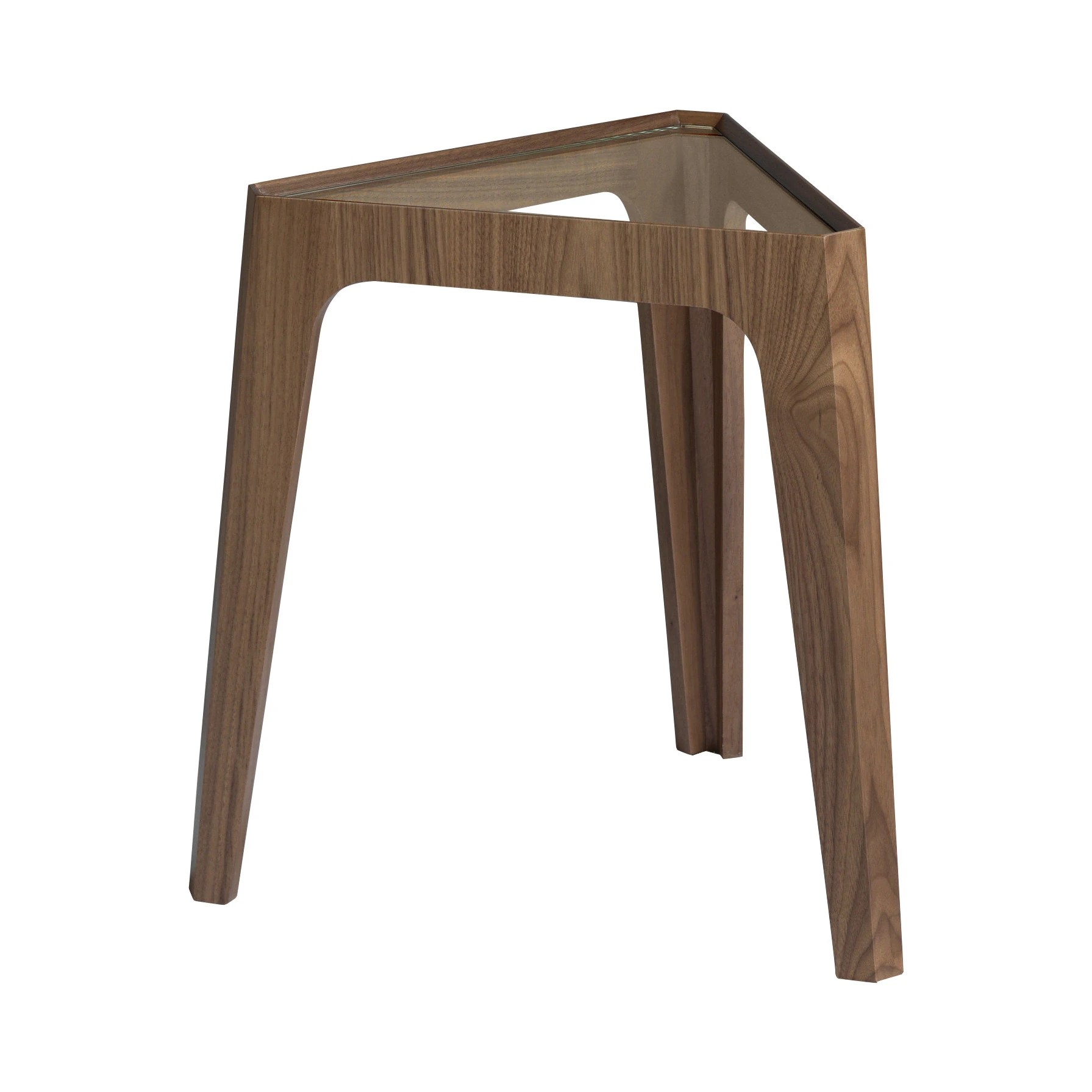 Table d'angle triangulaire en verre trempé et noyer