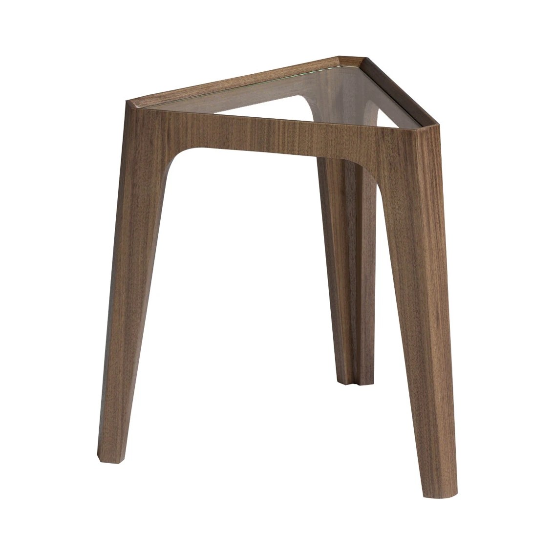 Table d'angle triangulaire en verre trempé et noyer