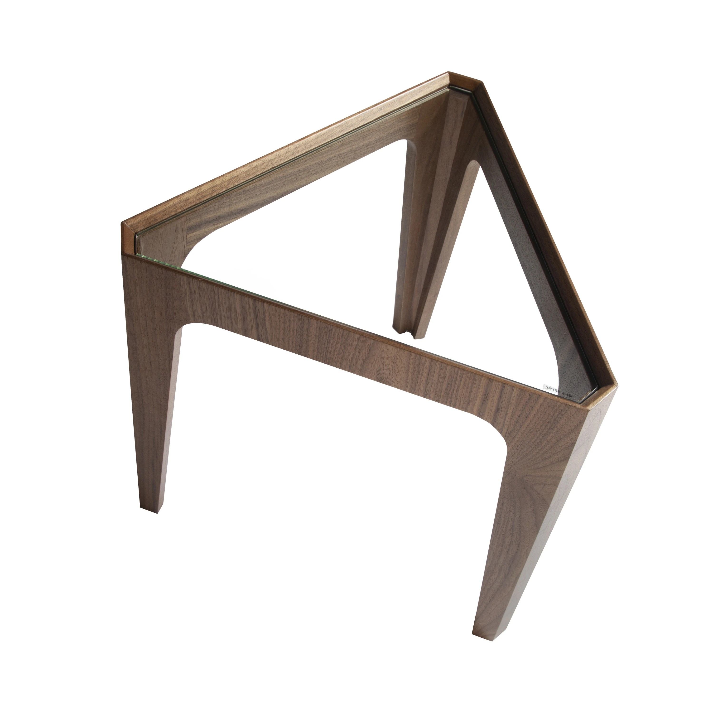 Table d'angle triangulaire en verre trempé et noyer