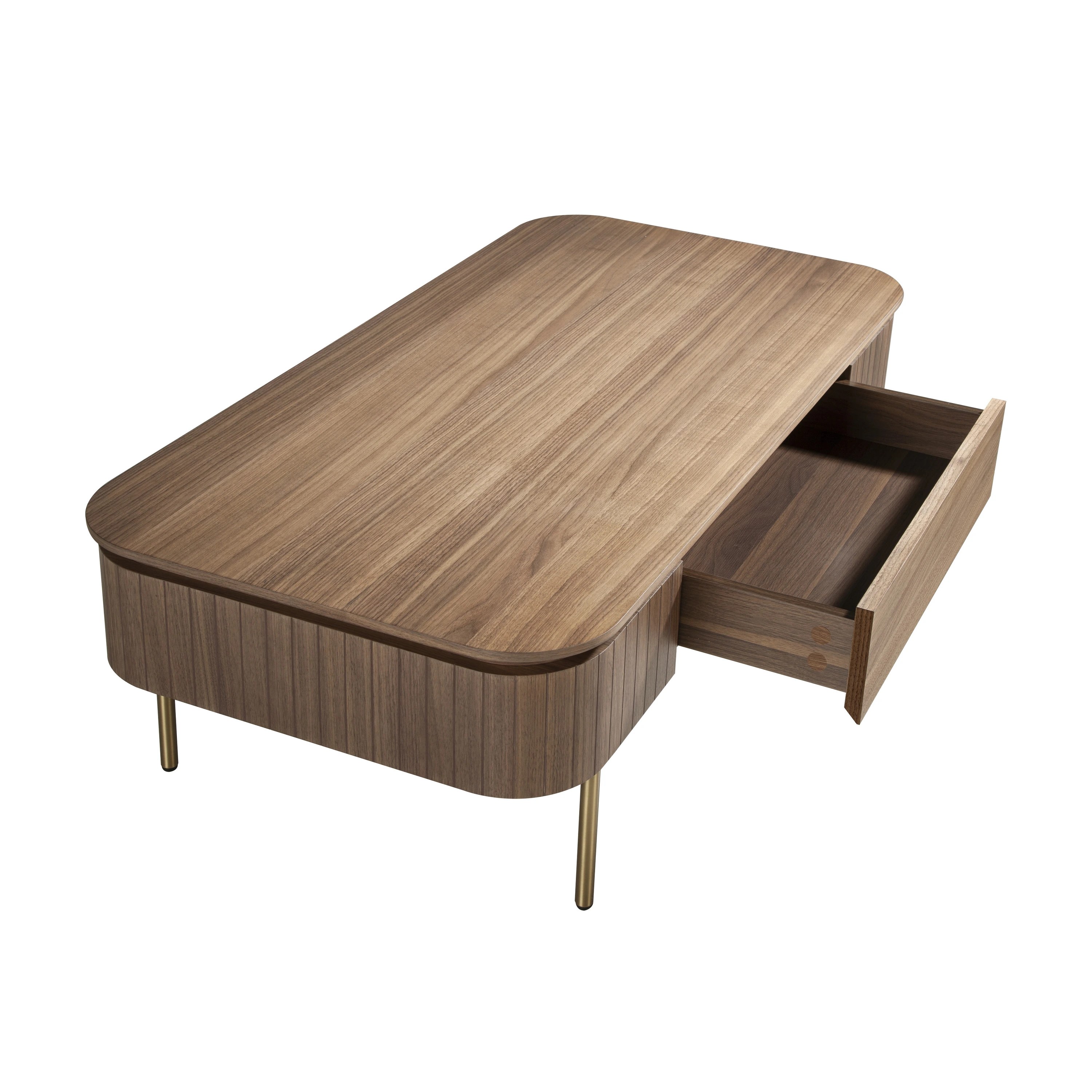 Table basse rectangulaire en noyer et acier poli or