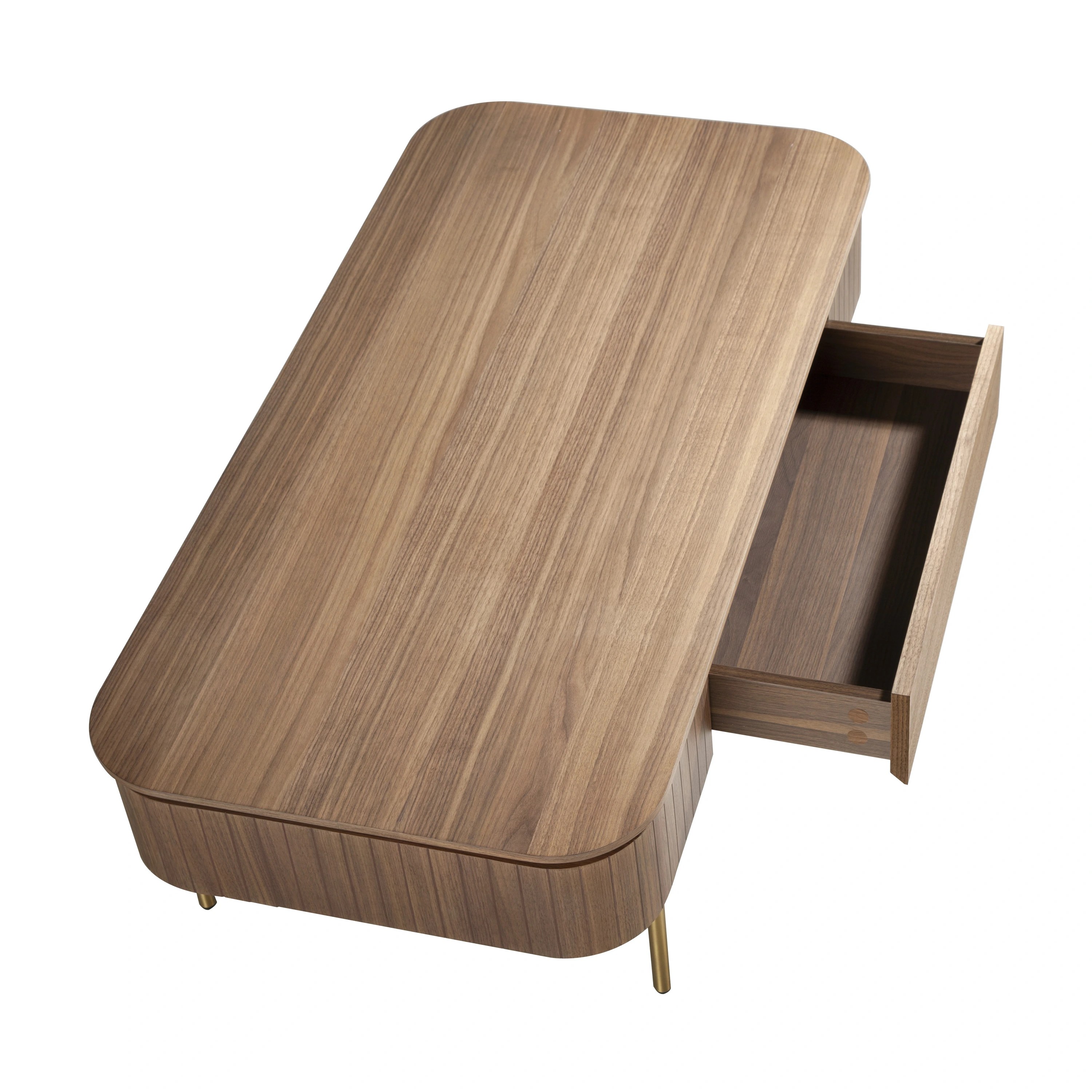 Table basse rectangulaire en noyer et acier poli or