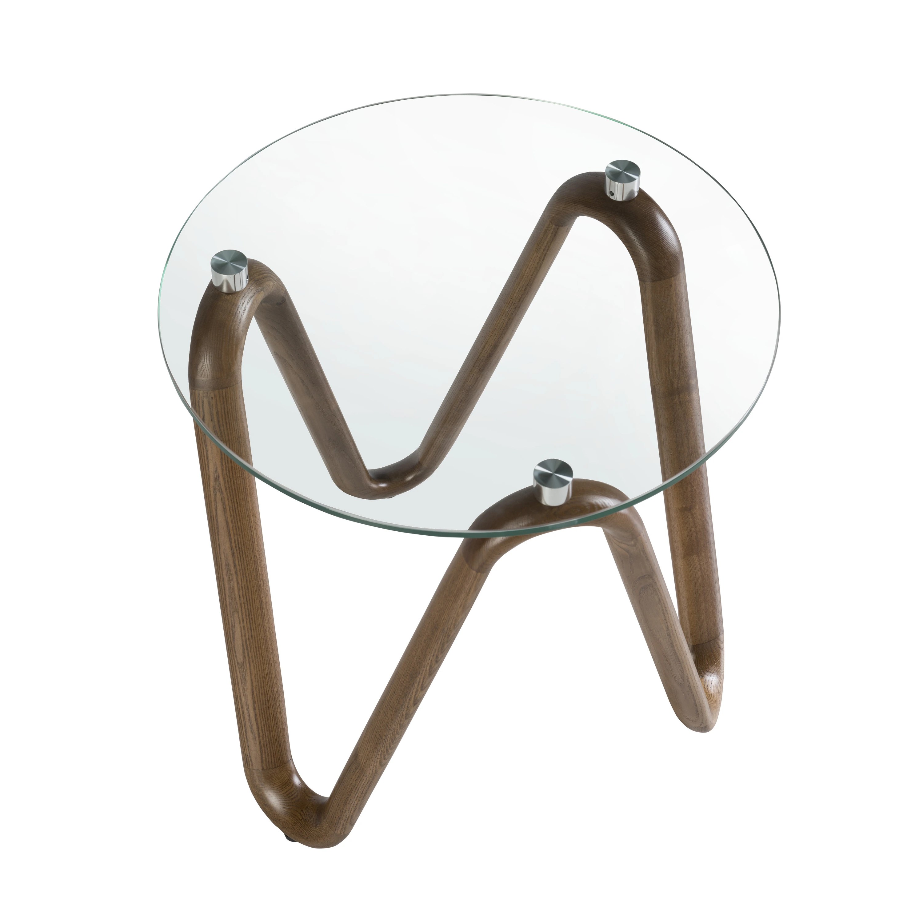 Table d'angle ronde en verre trempé et noyer