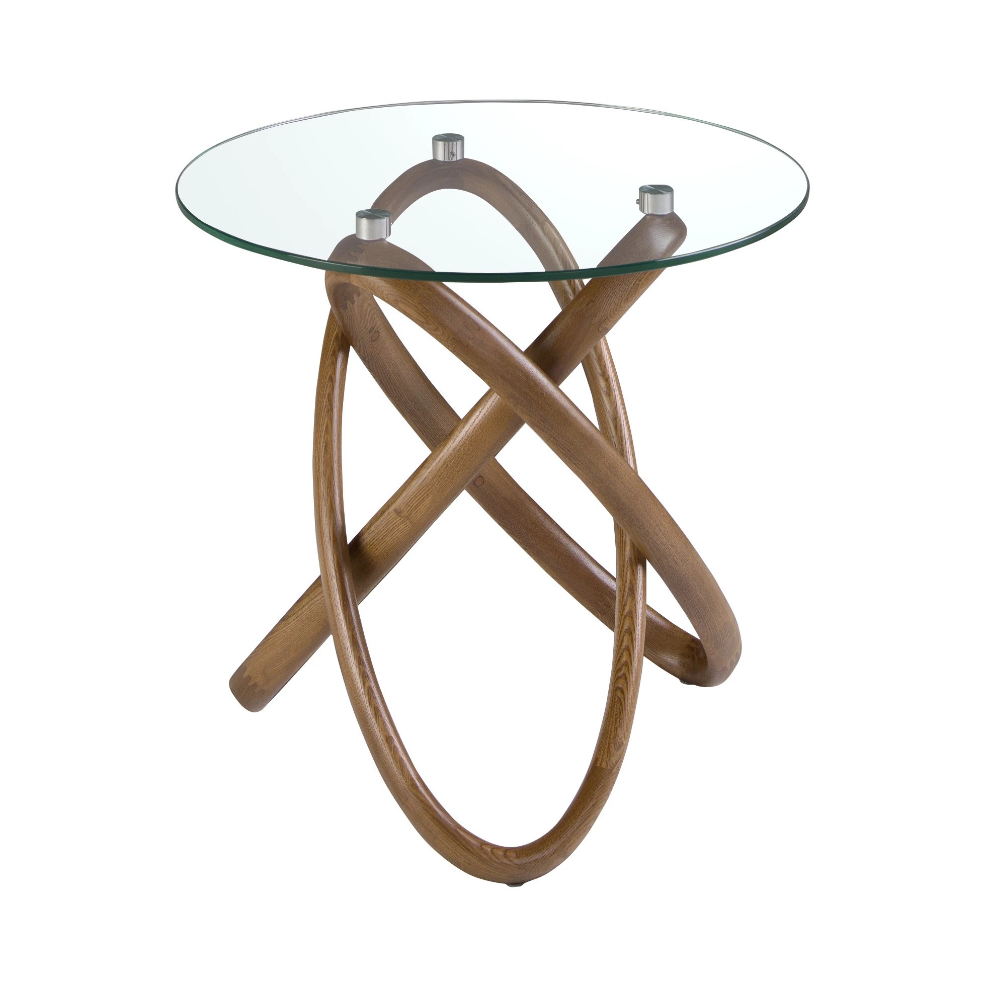 Table d'angle ronde en verre trempé et noyer