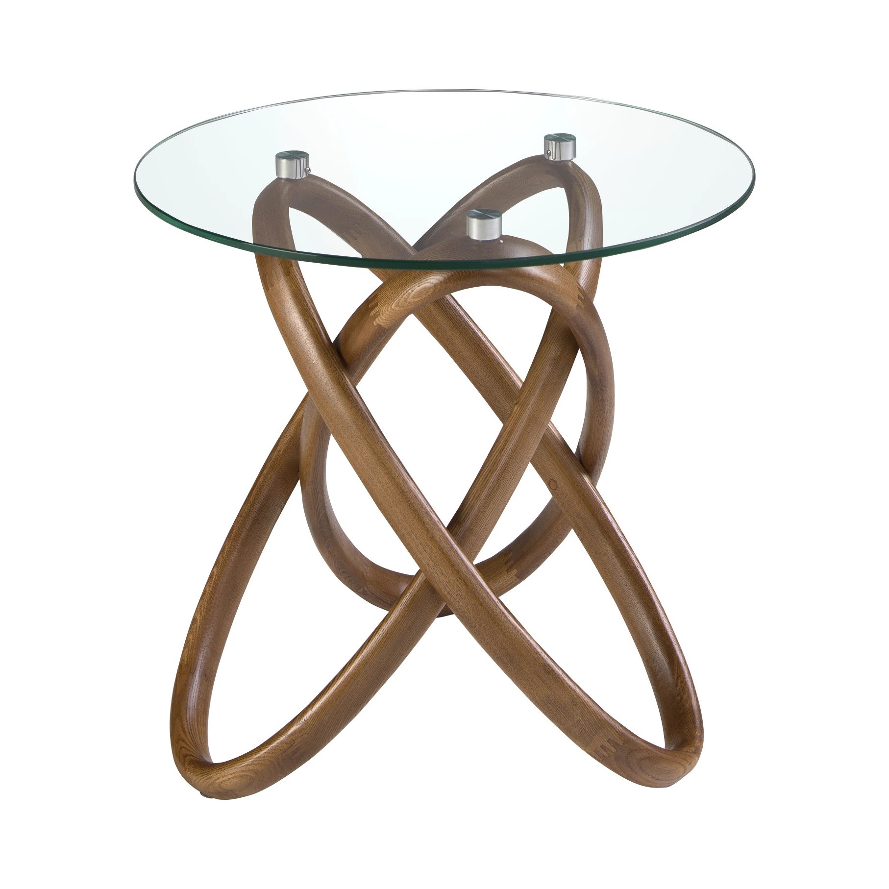 Table d'angle ronde en verre trempé et noyer