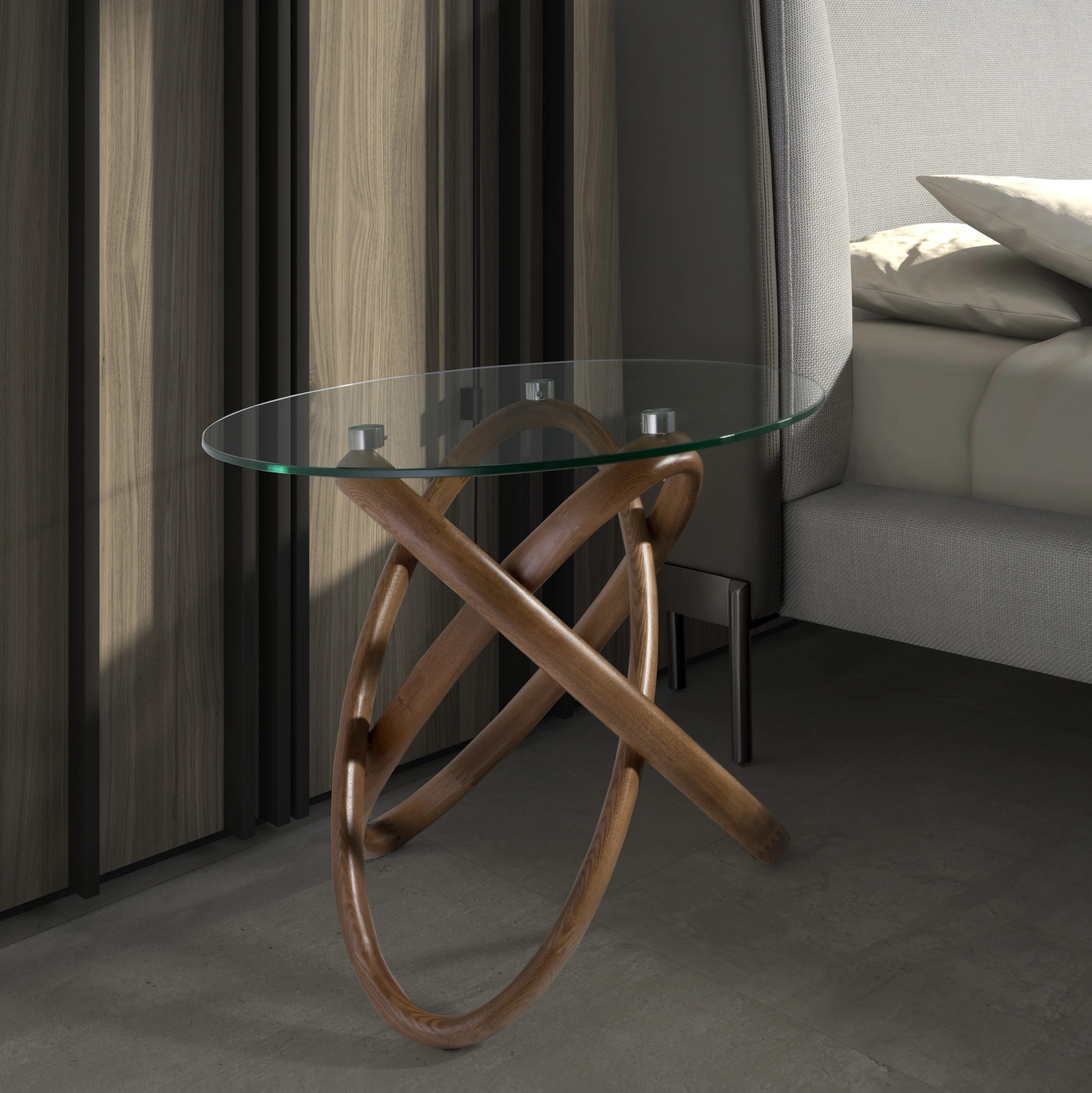 Table d'angle ronde en verre trempé et noyer