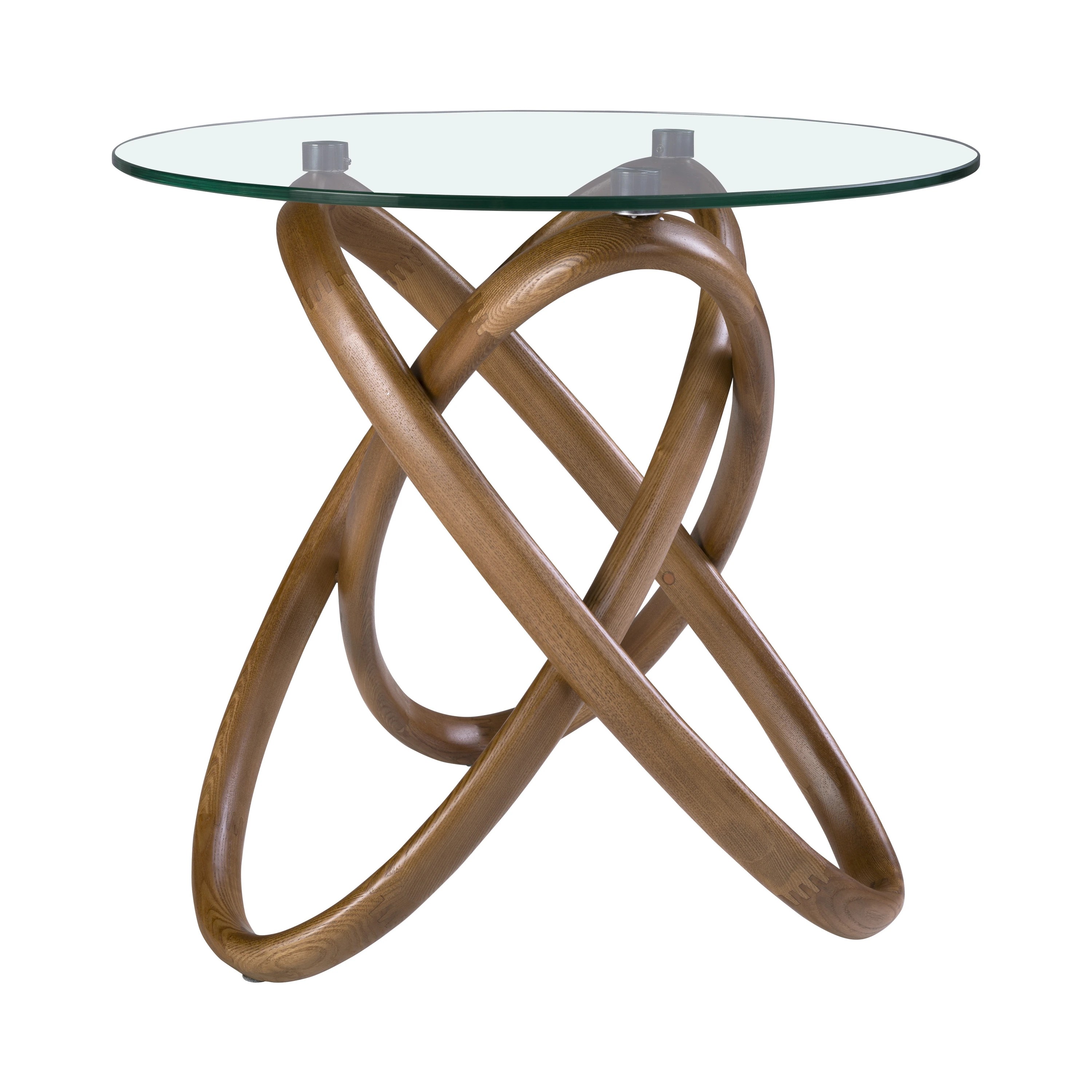 Table d'angle ronde en verre trempé et noyer