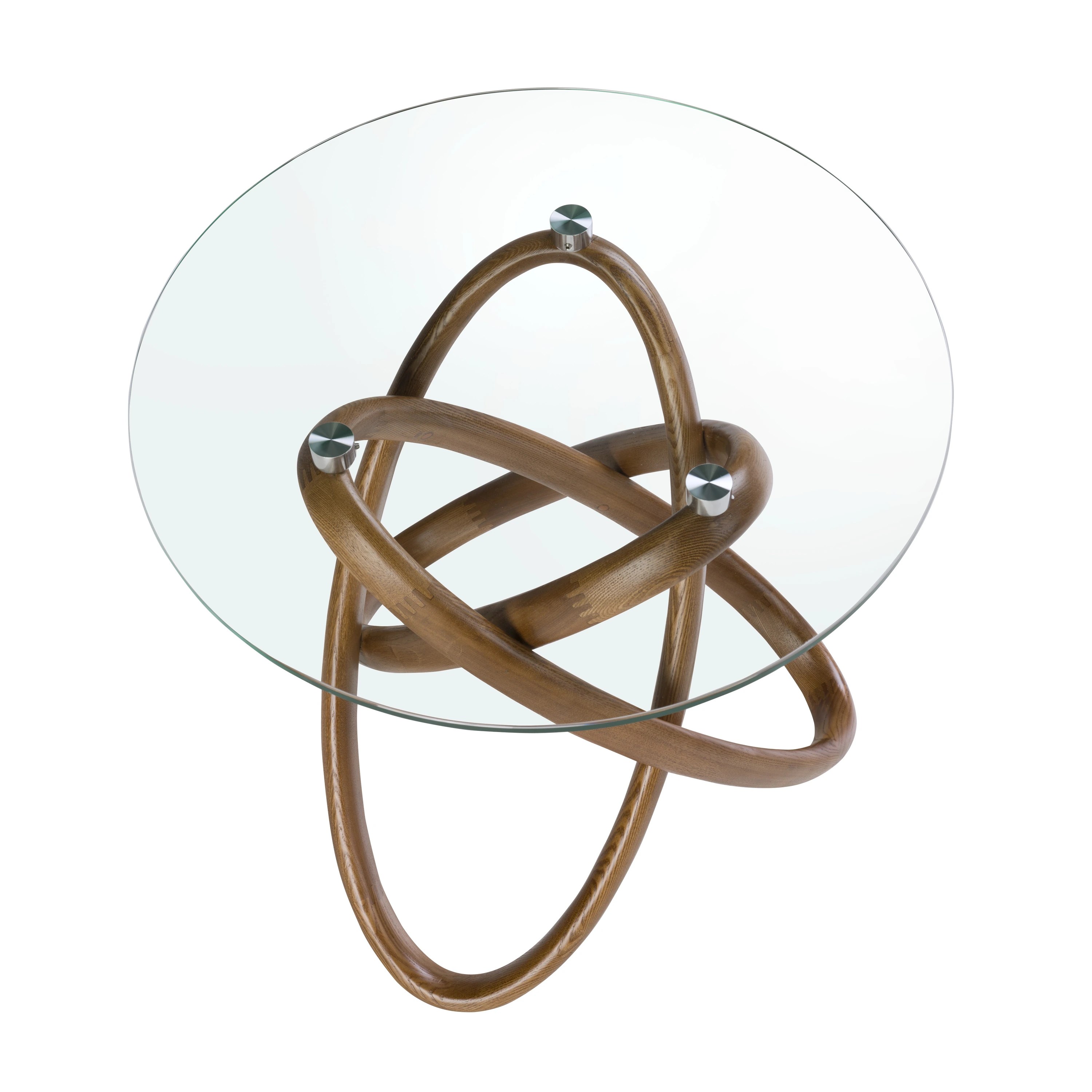 Table d'angle ronde en verre trempé et noyer