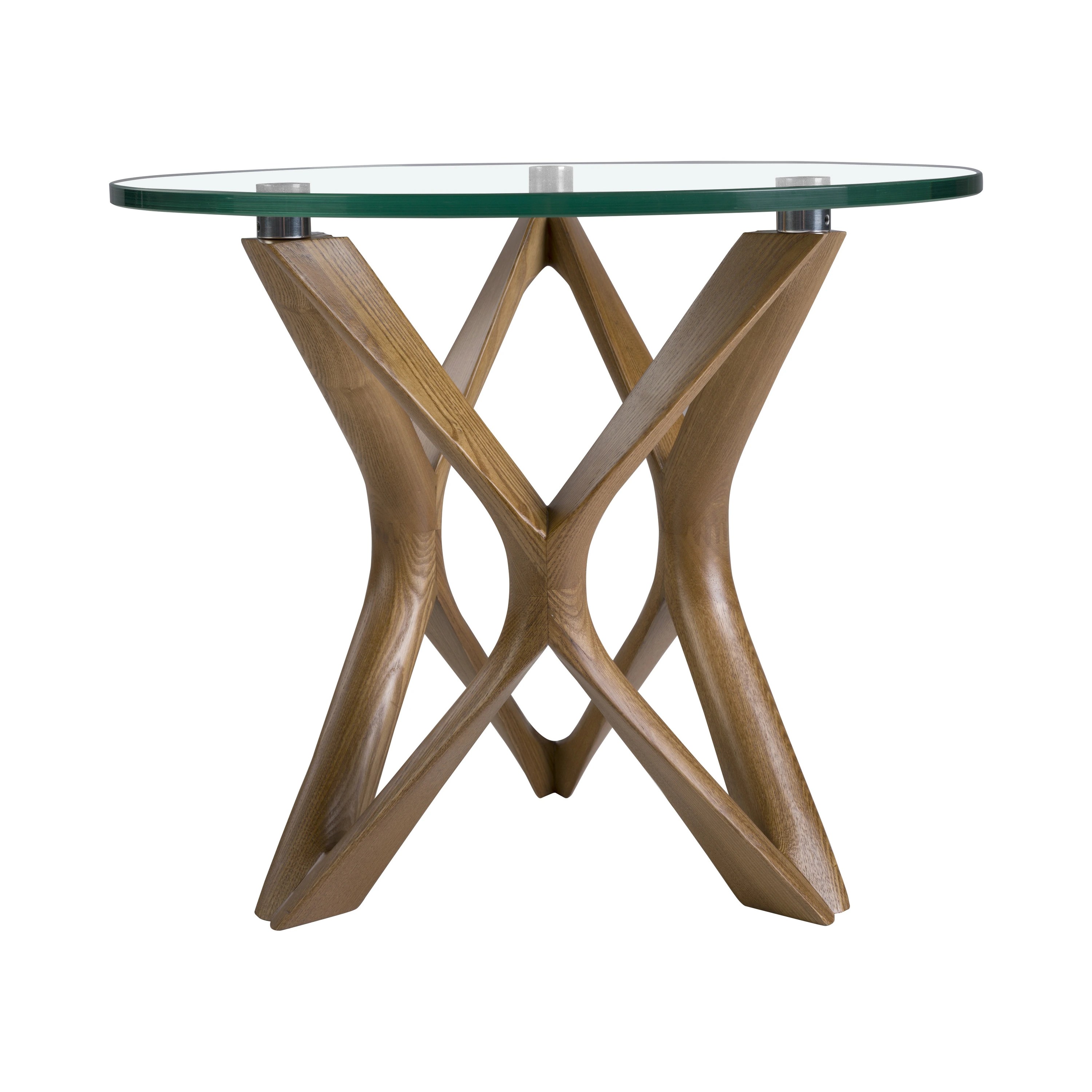 Table d'angle ronde en verre trempé et noyer