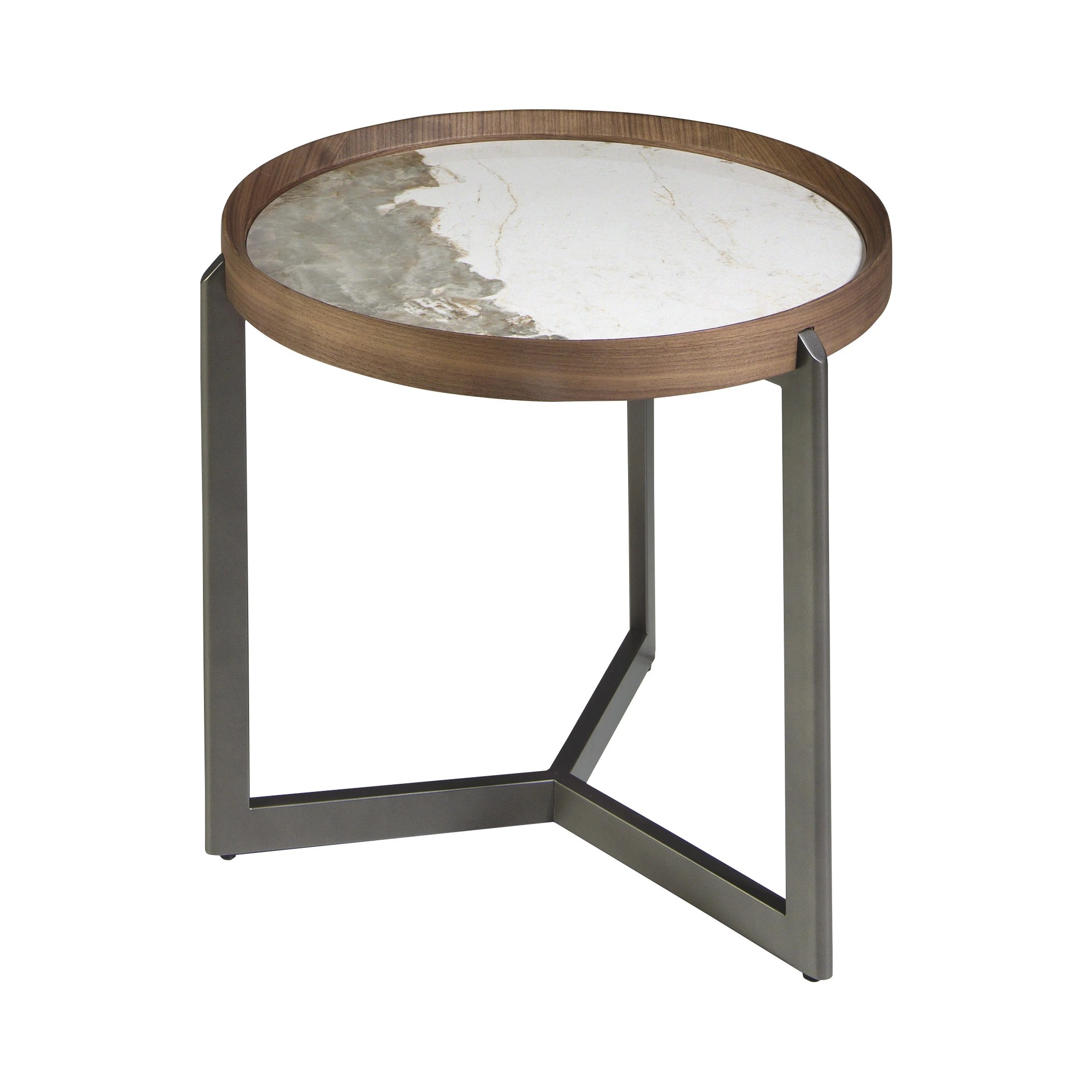 Table basse ronde en marbre porcelaine, noyer et acier métallique foncé