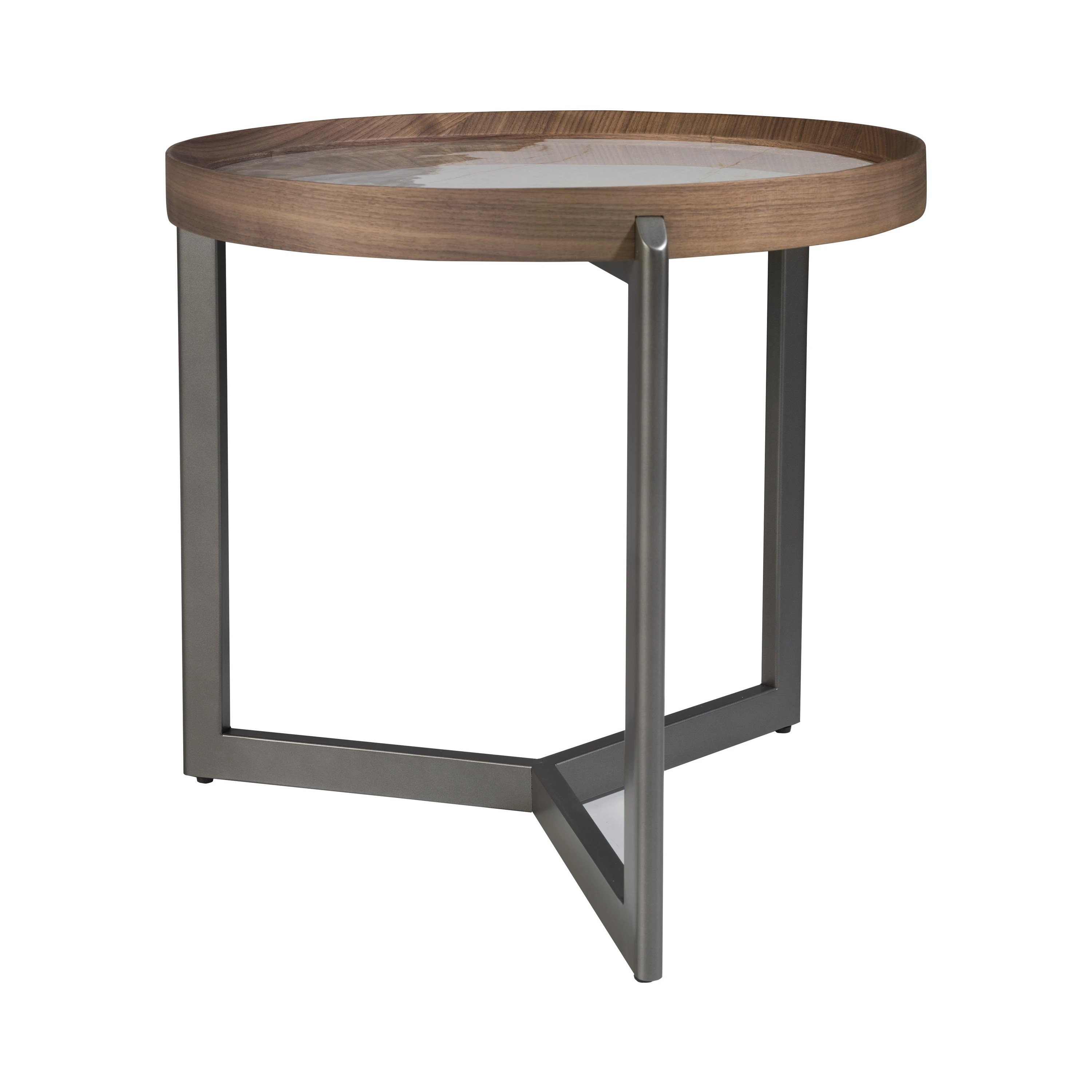 Table basse ronde en marbre porcelaine, noyer et acier métallique foncé