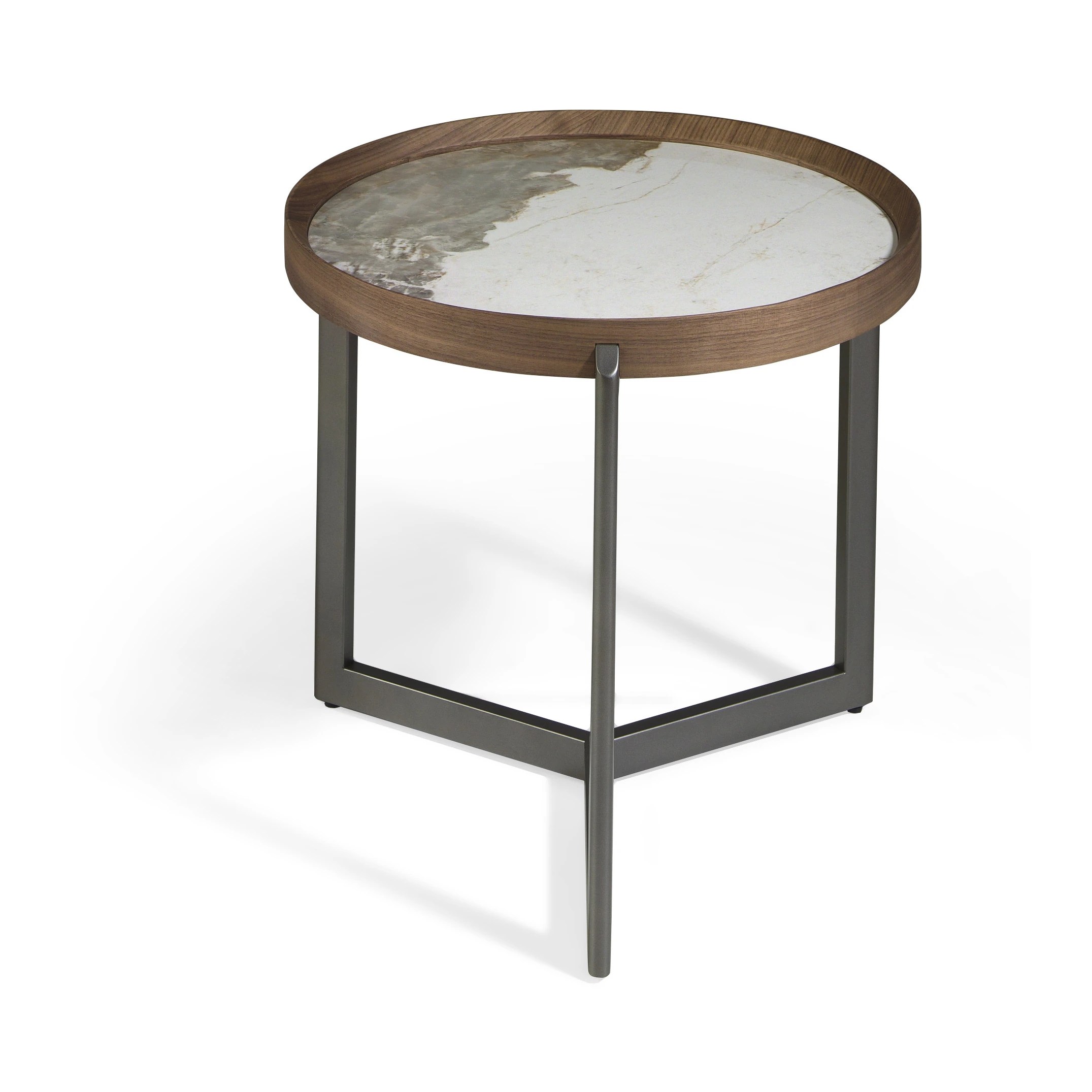 Table basse ronde en marbre porcelaine, noyer et acier métallique foncé