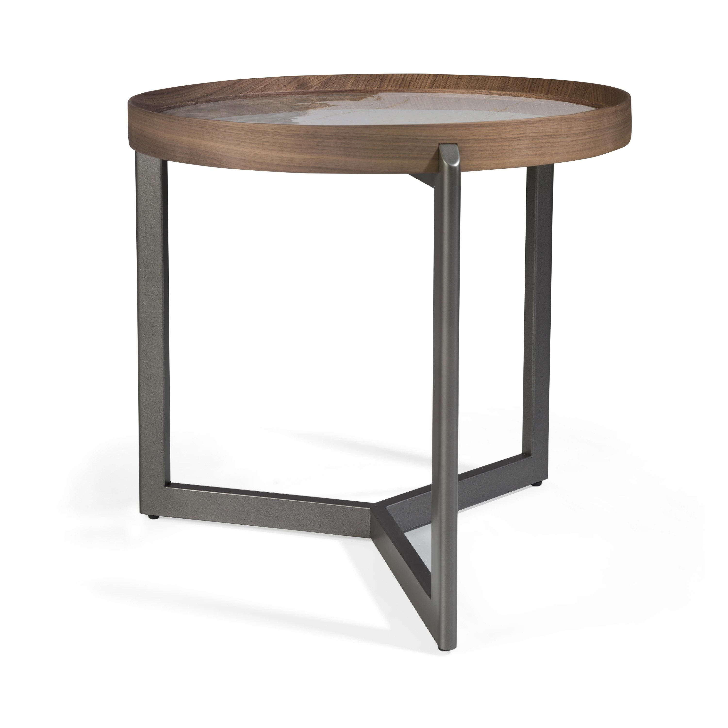 Table basse ronde en marbre porcelaine, noyer et acier métallique foncé