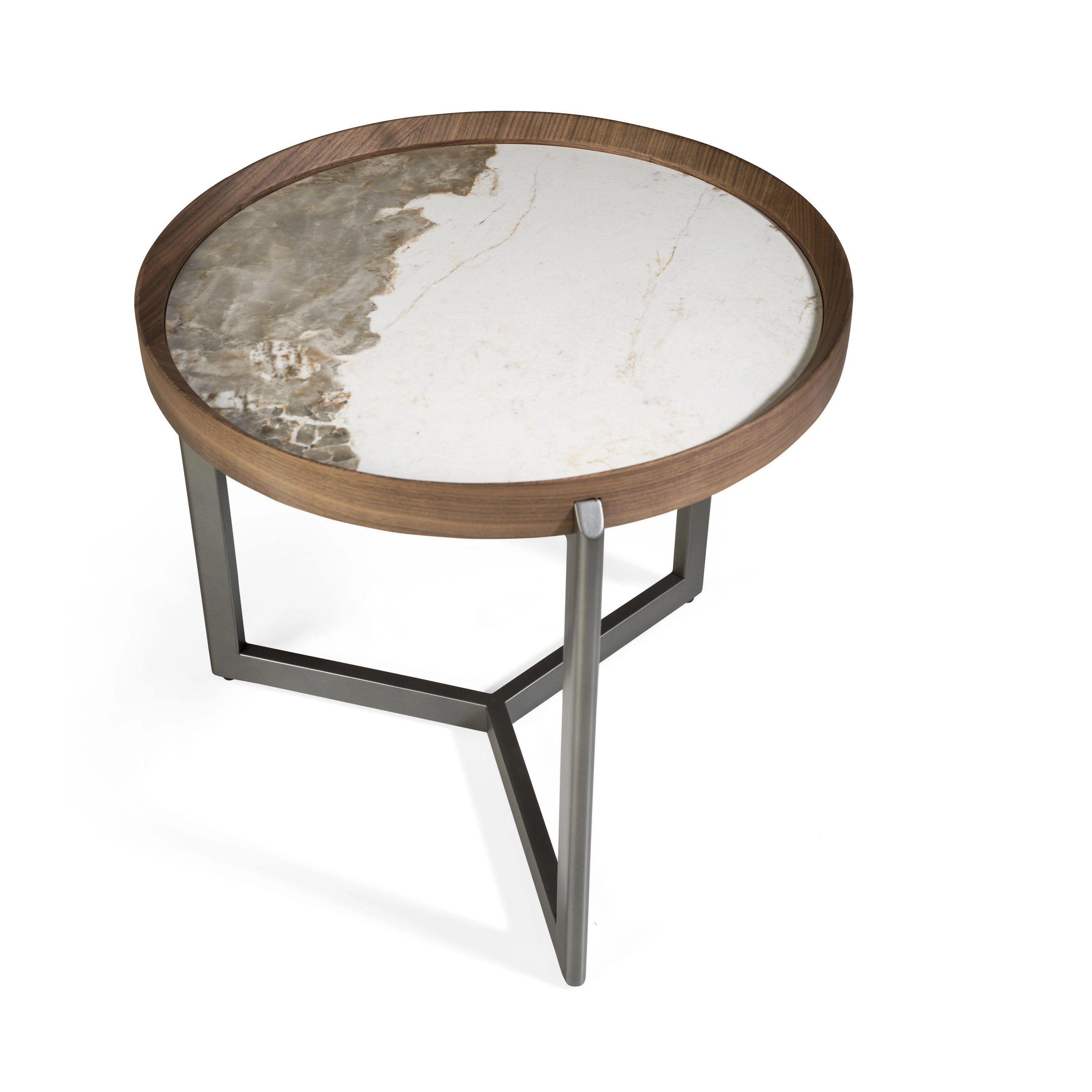 Table basse ronde en marbre porcelaine, noyer et acier métallique foncé