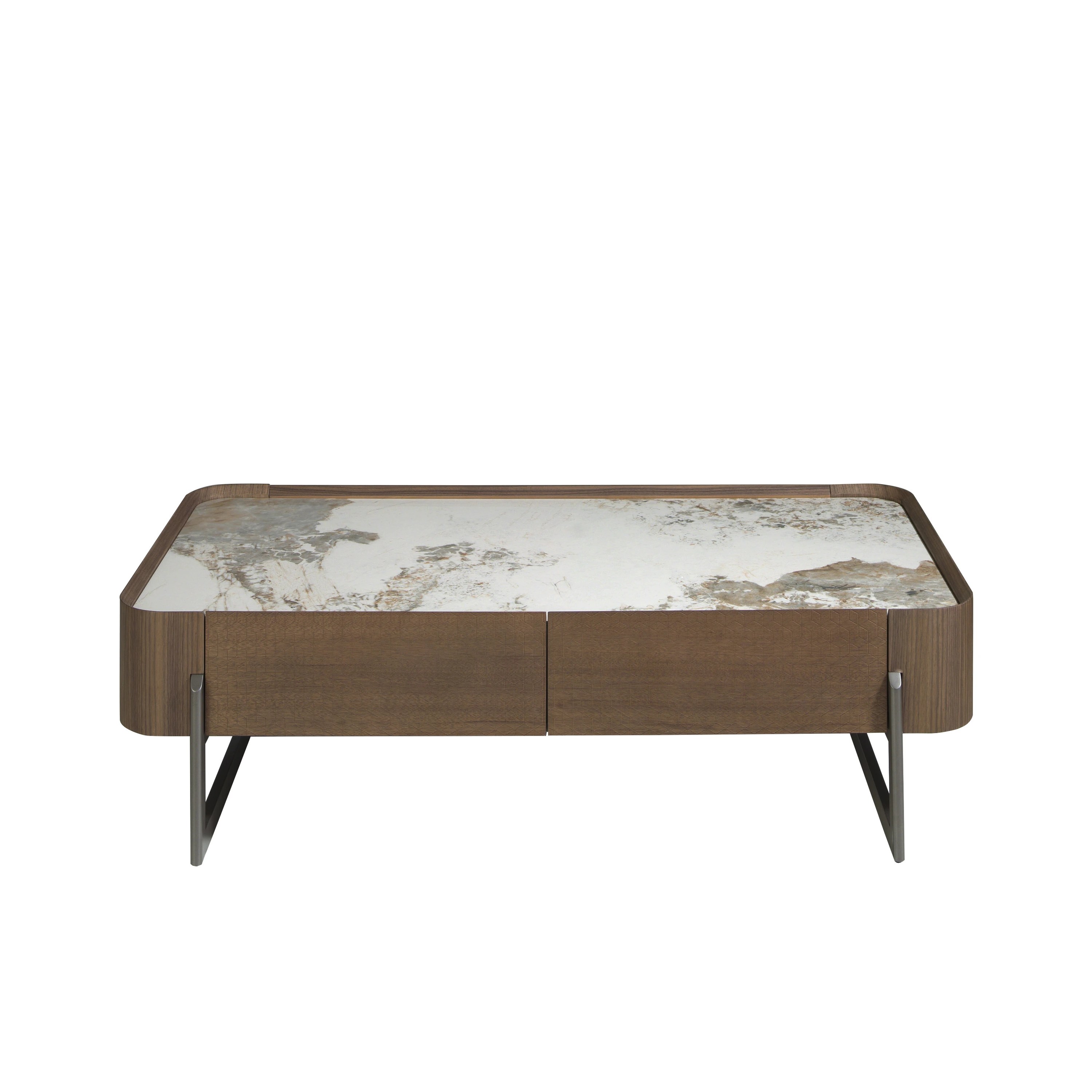 Table basse rectangulaire en marbre de porcelaine, noyer et acier métallique foncé