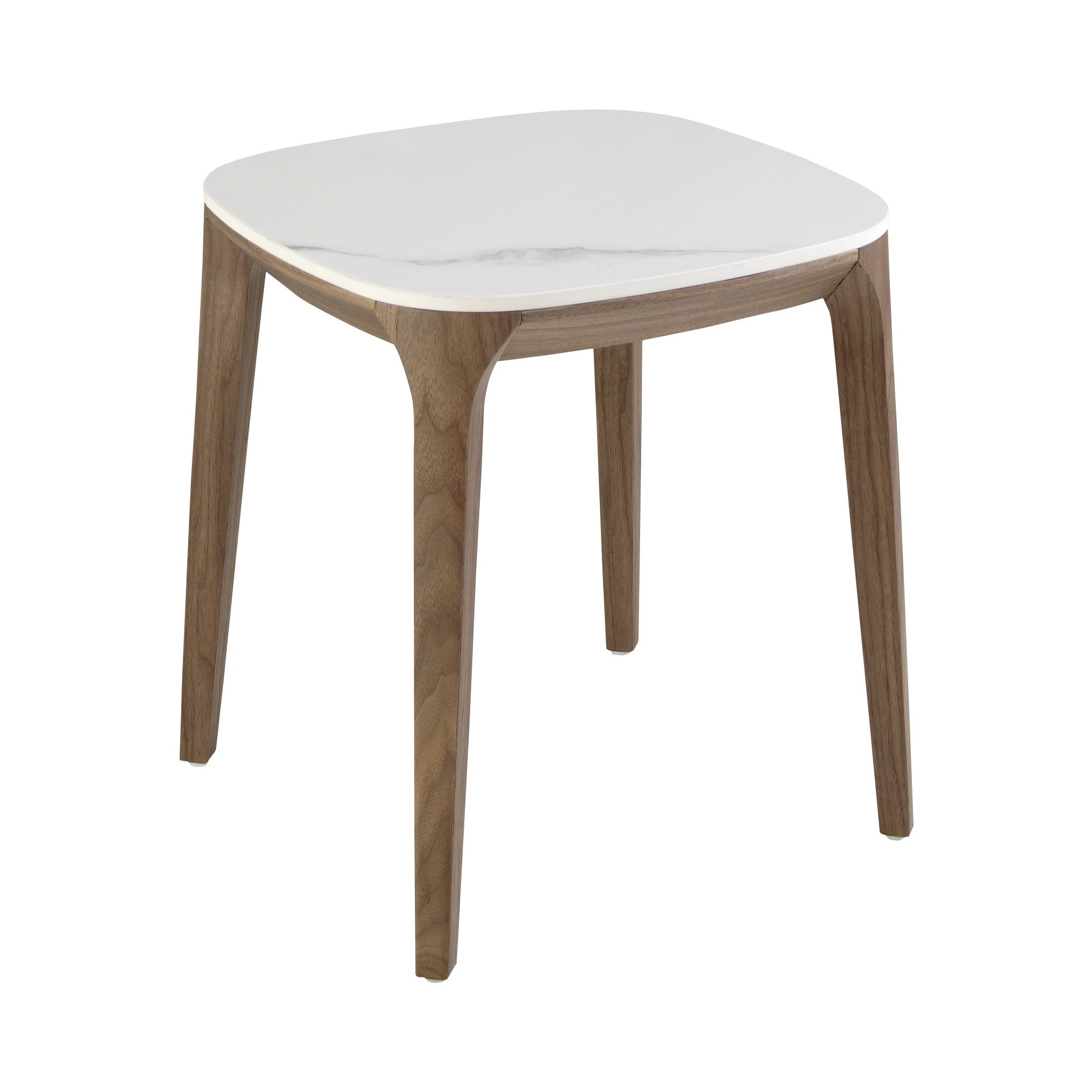 Table d'angle carrée en marbre porcelaine et noyer