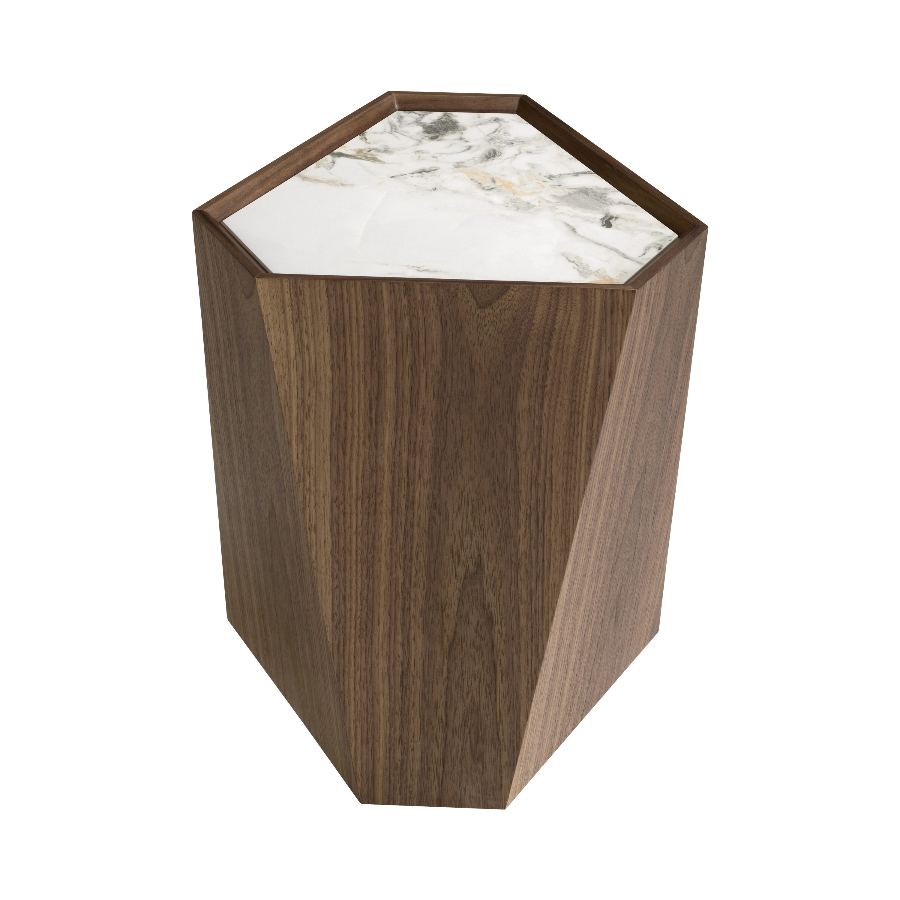 Table d'angle triangulaire en porcelaine, marbre et noyer