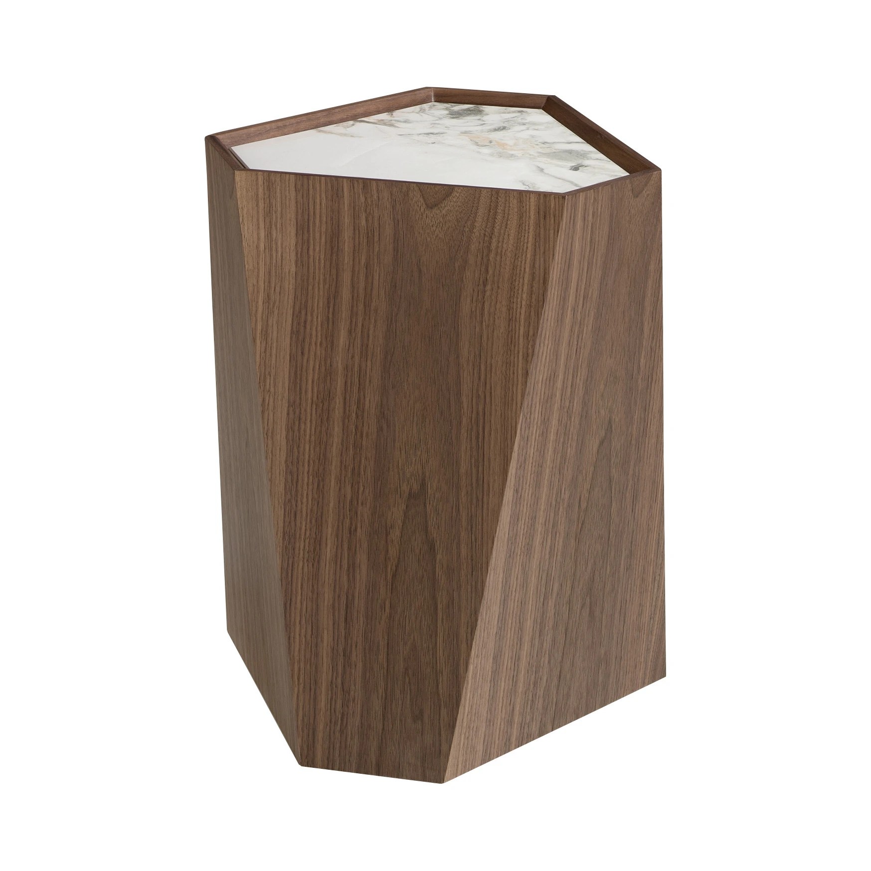 Table d'angle triangulaire en porcelaine, marbre et noyer