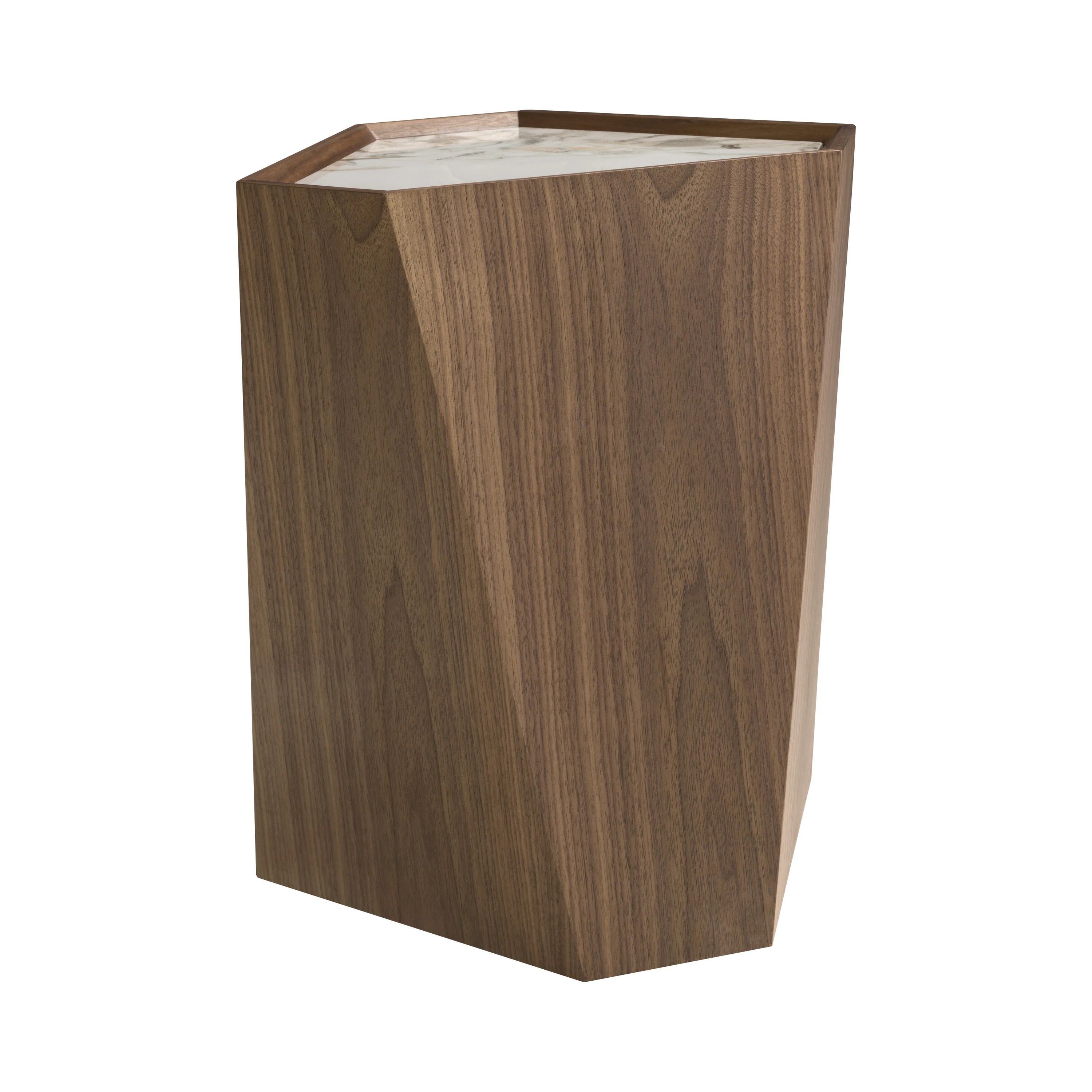 Table d'angle triangulaire en porcelaine, marbre et noyer