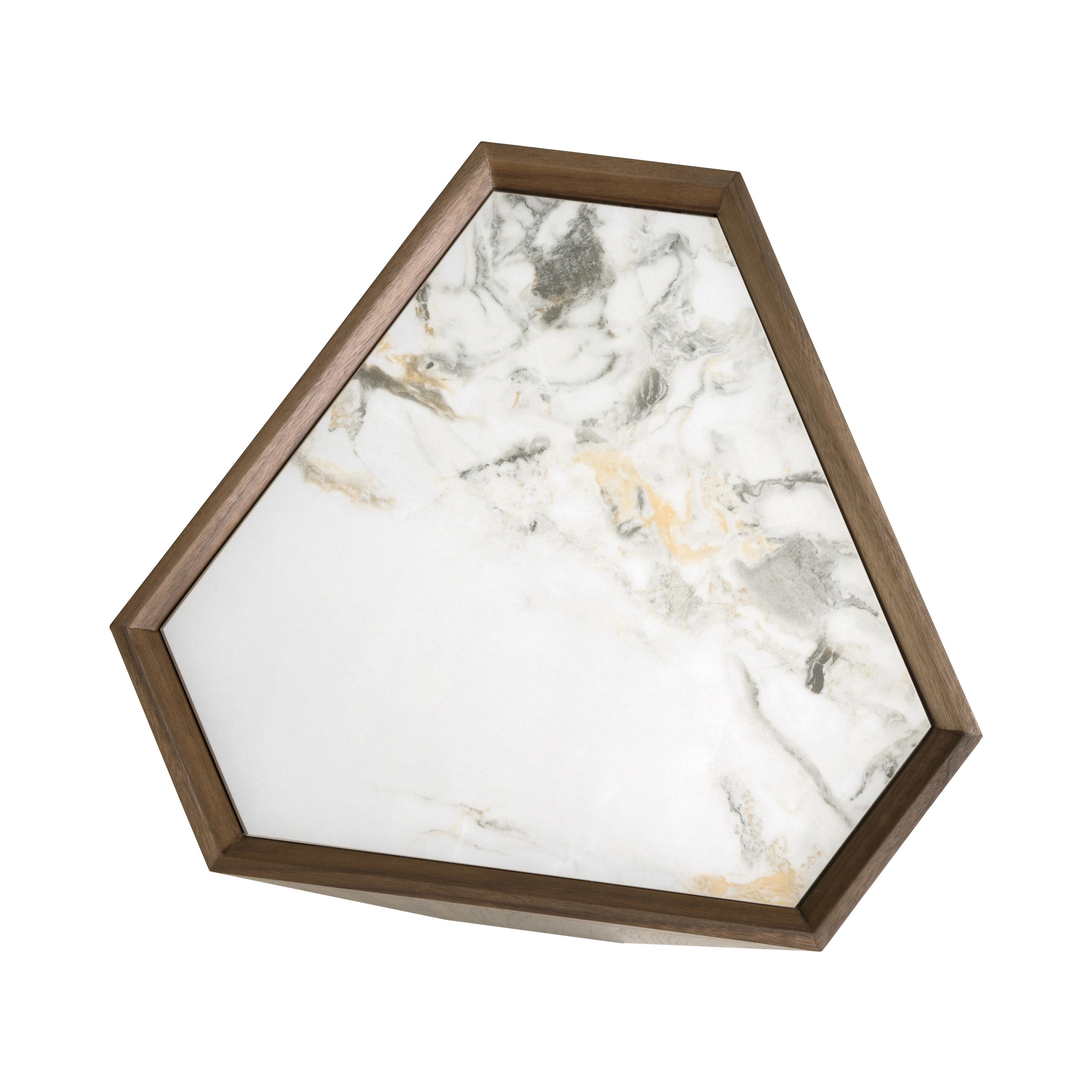 Table d'angle triangulaire en porcelaine, marbre et noyer