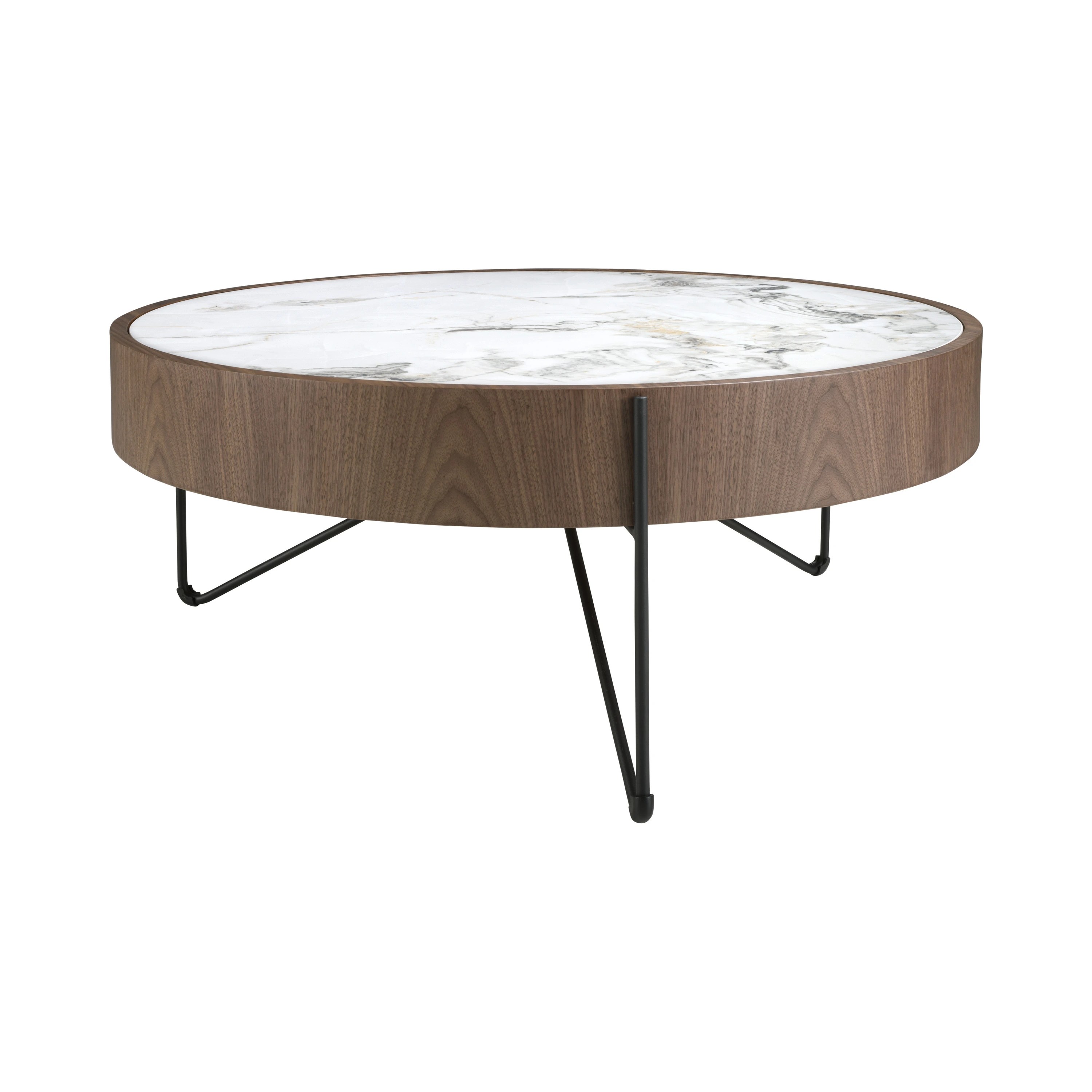 Table basse ronde en marbre porcelaine, noyer et acier noir