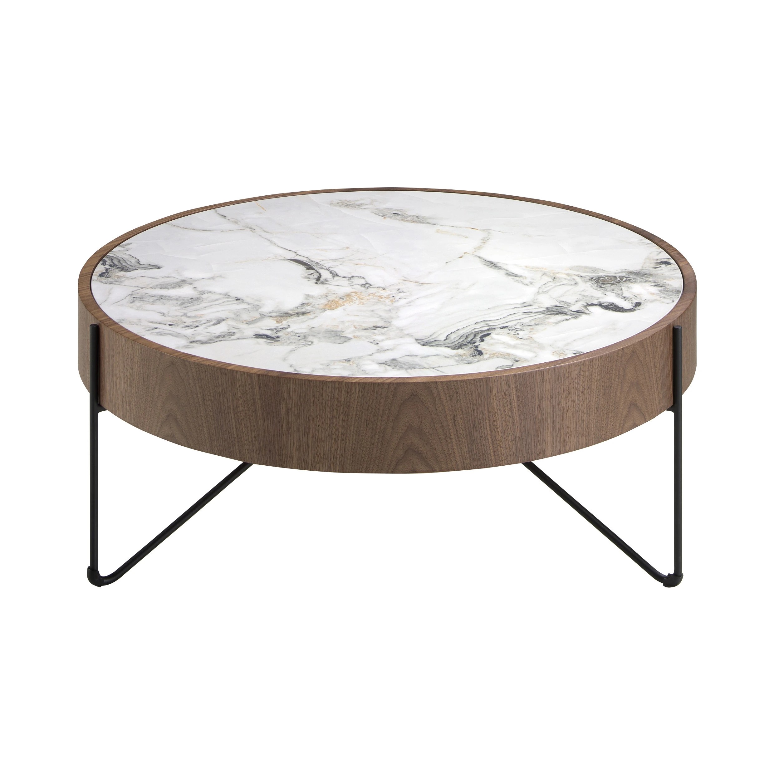Table basse ronde en marbre porcelaine, noyer et acier noir