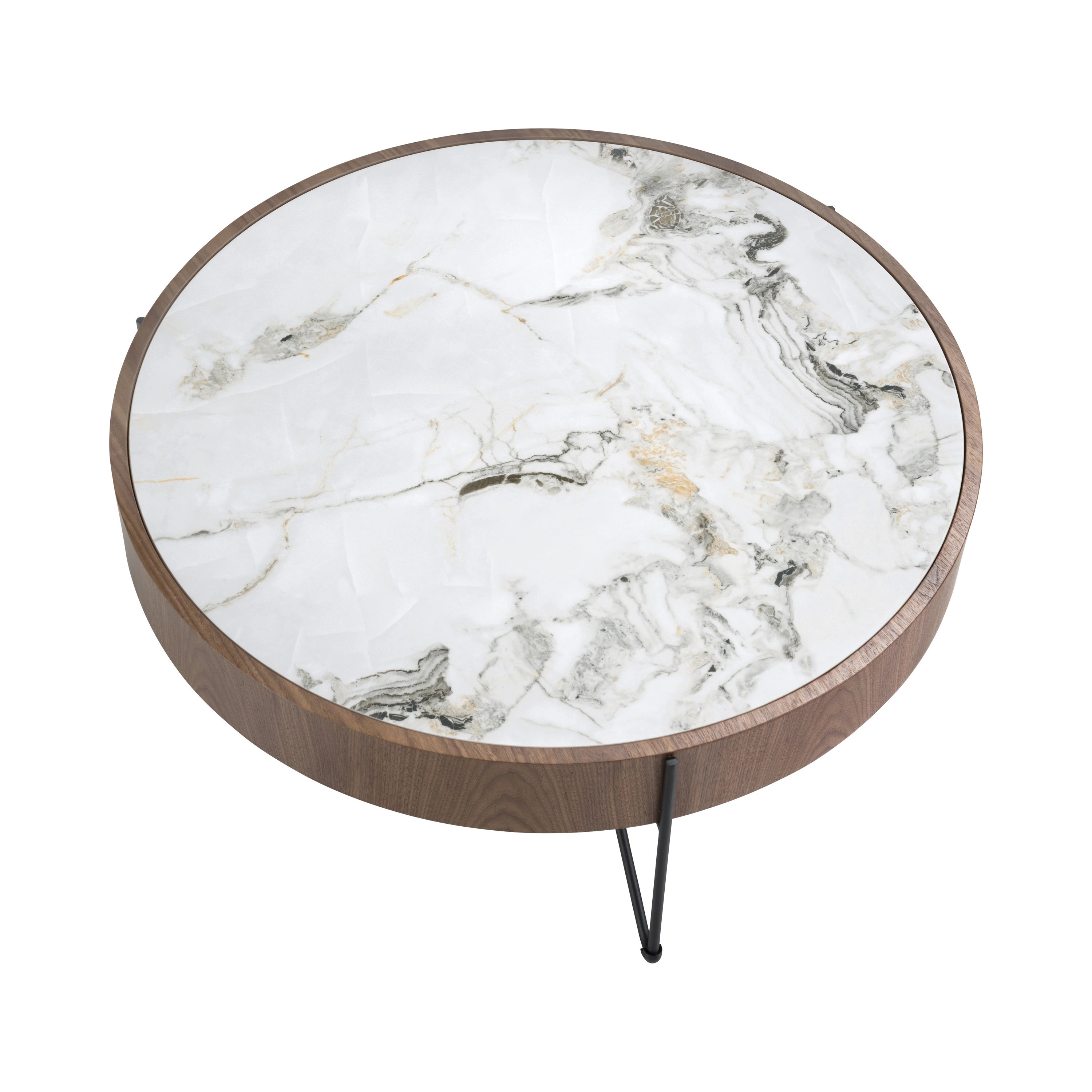 Table basse ronde en marbre porcelaine, noyer et acier noir