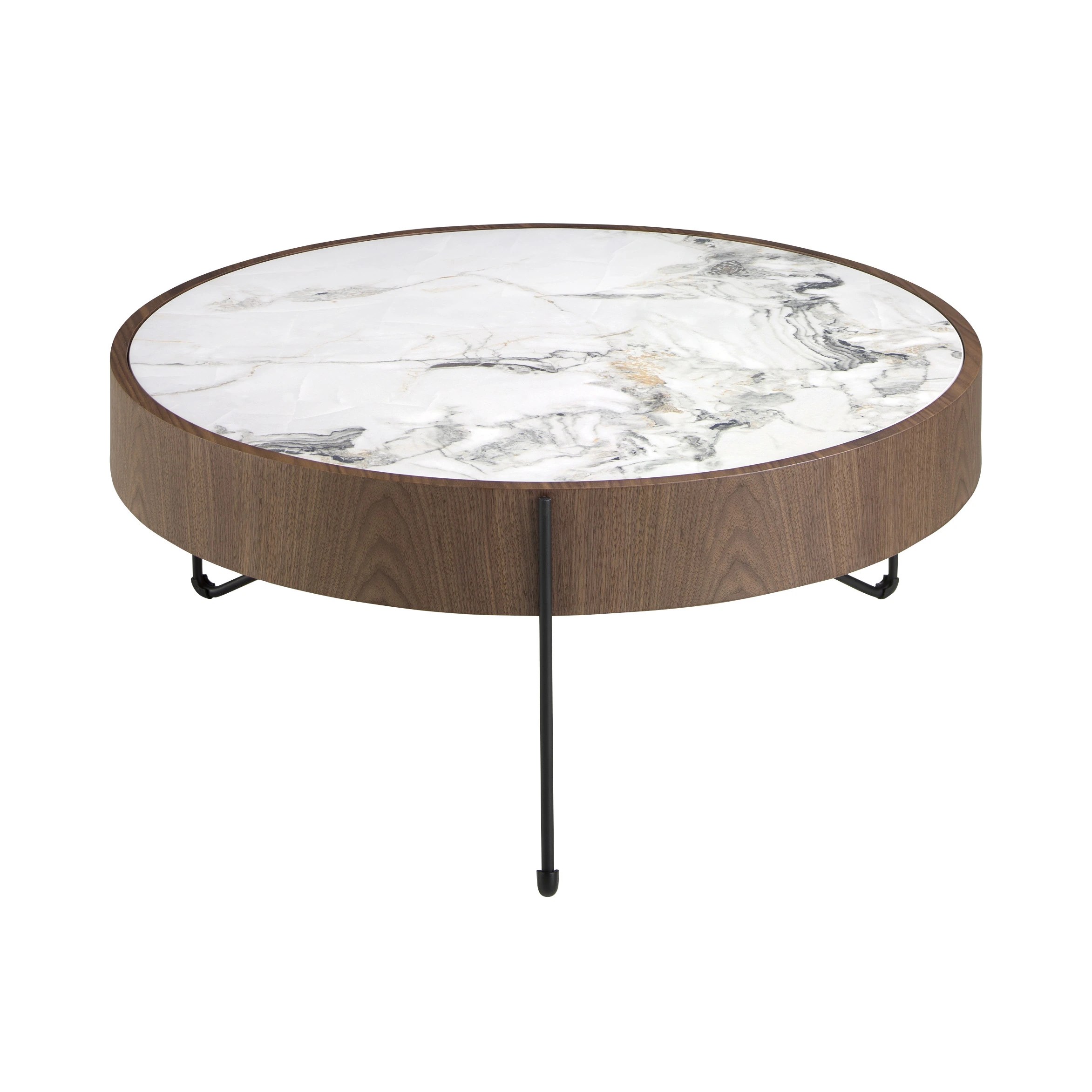 Table basse ronde en marbre porcelaine, noyer et acier noir