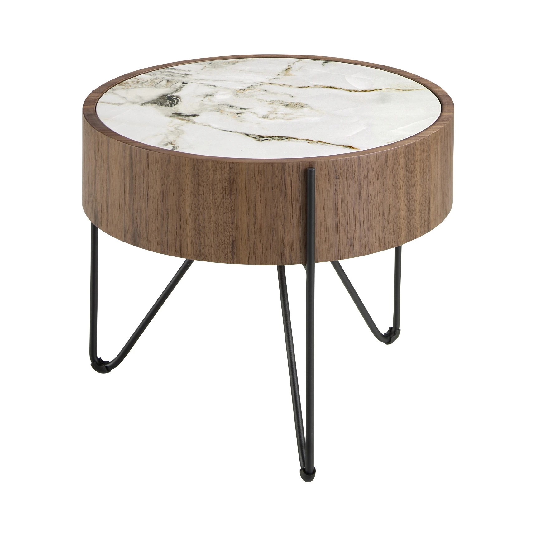 Table d'angle ronde en marbre porcelaine, noyer et acier noir