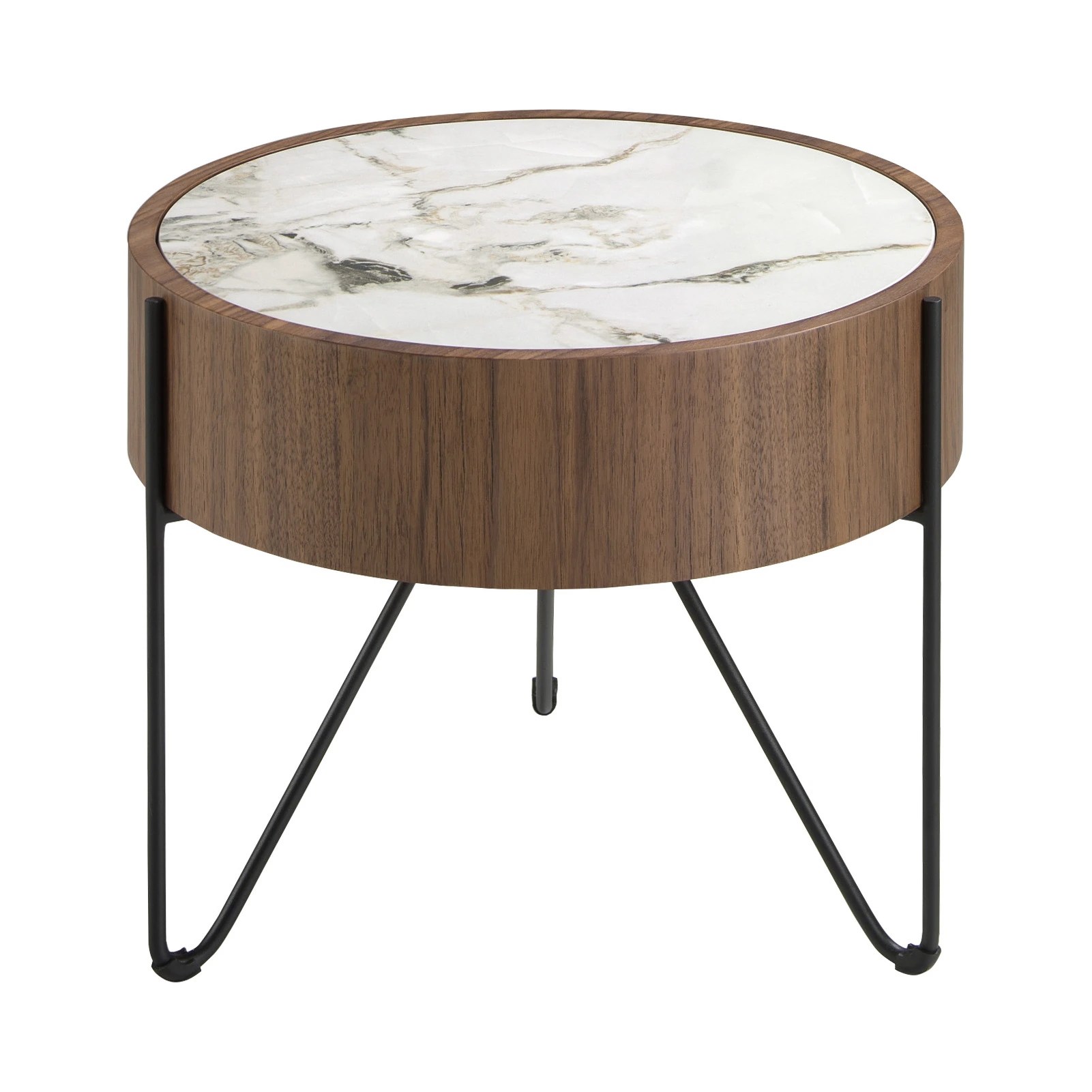 Table d'angle ronde en marbre porcelaine, noyer et acier noir