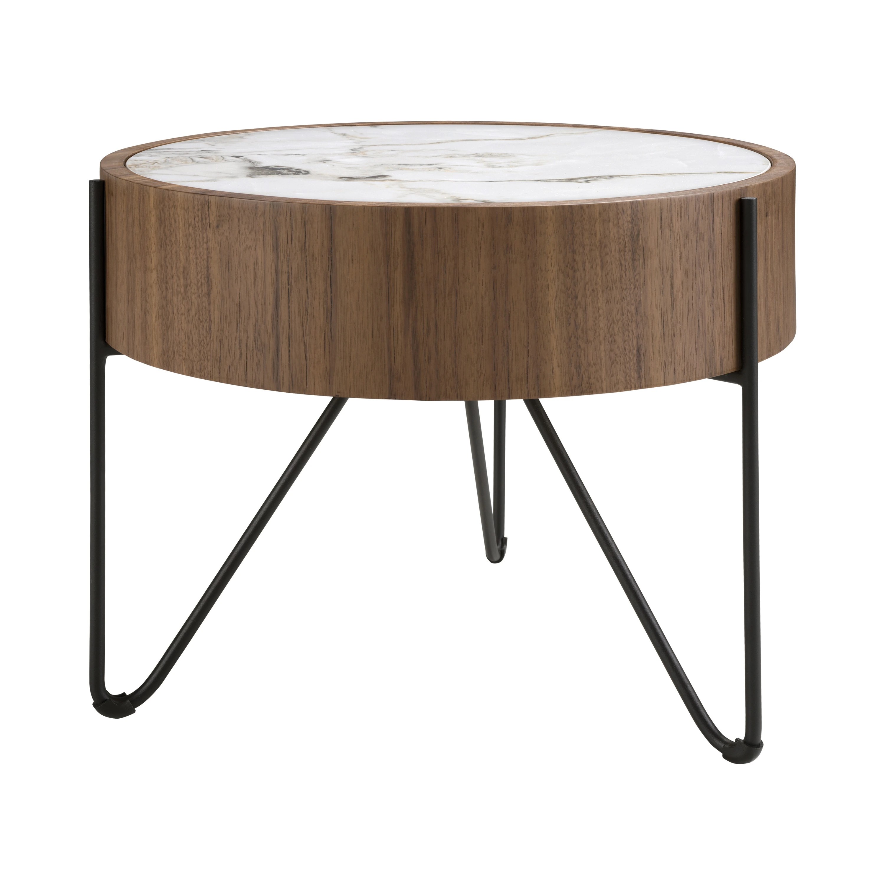 Table d'angle ronde en marbre porcelaine, noyer et acier noir