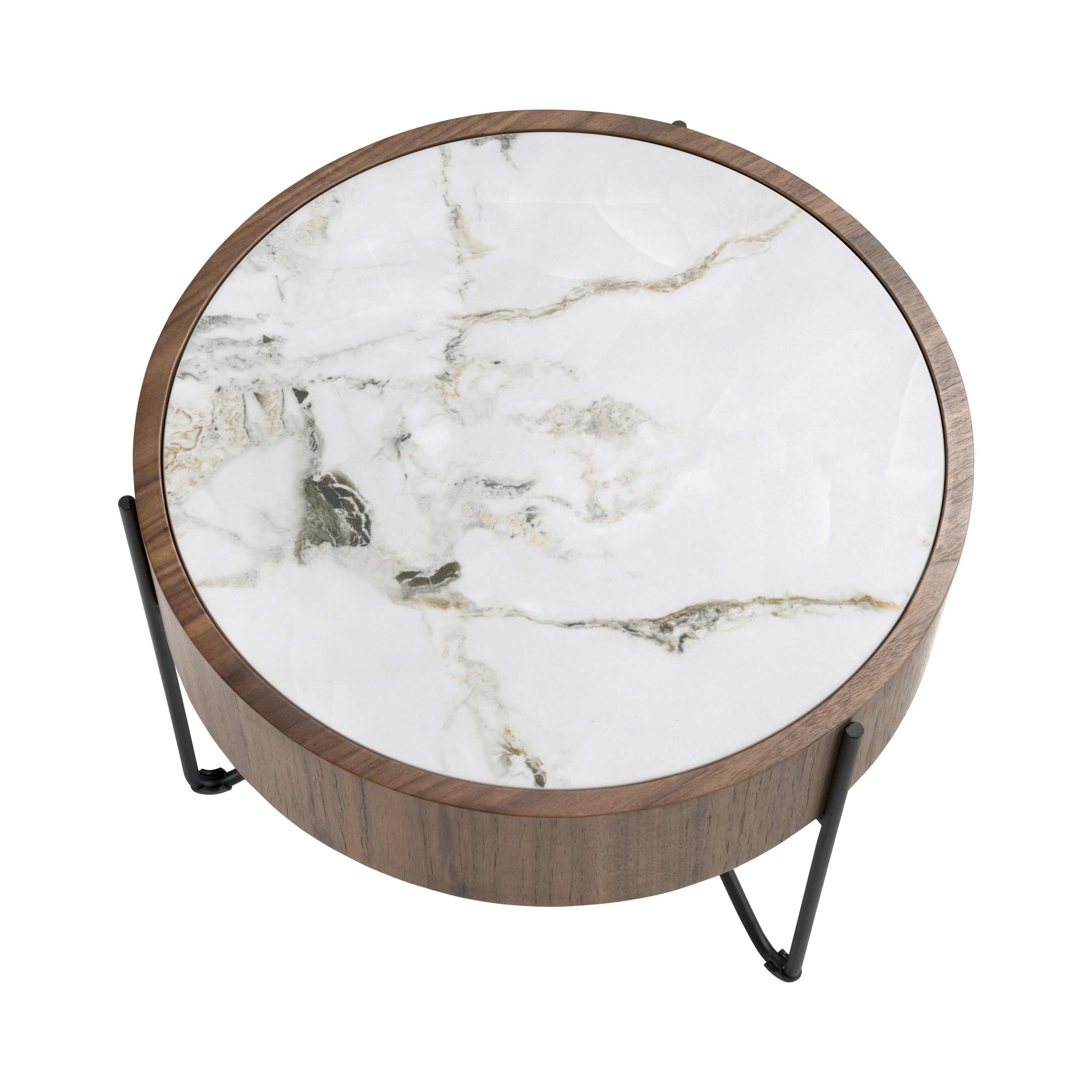 Table d'angle ronde en marbre porcelaine, noyer et acier noir